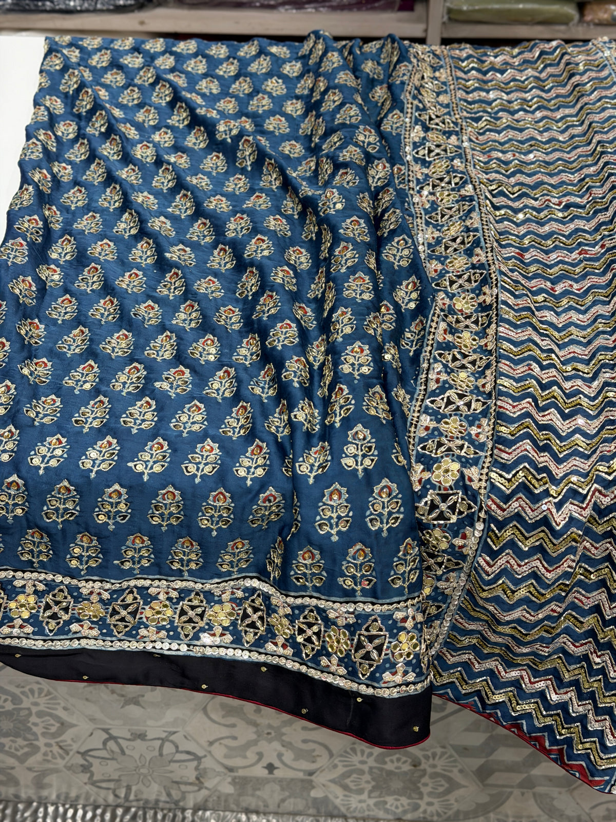 Blue Keri Butti Pita Sequin Ajrakh Hand Embroidery Saree