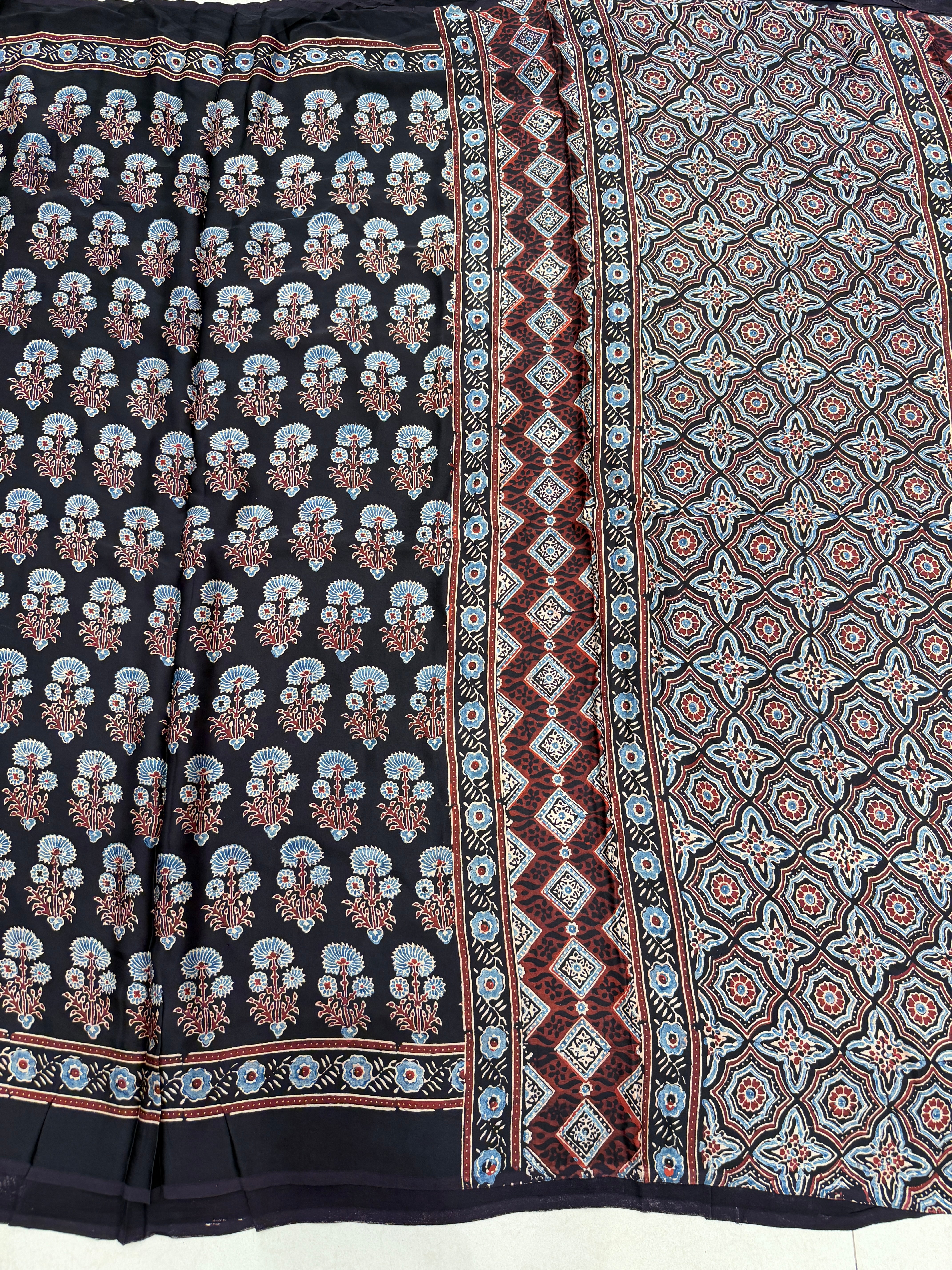 Black Butta Ajrakh Hand Block Print Pure Gajji Silk Saree