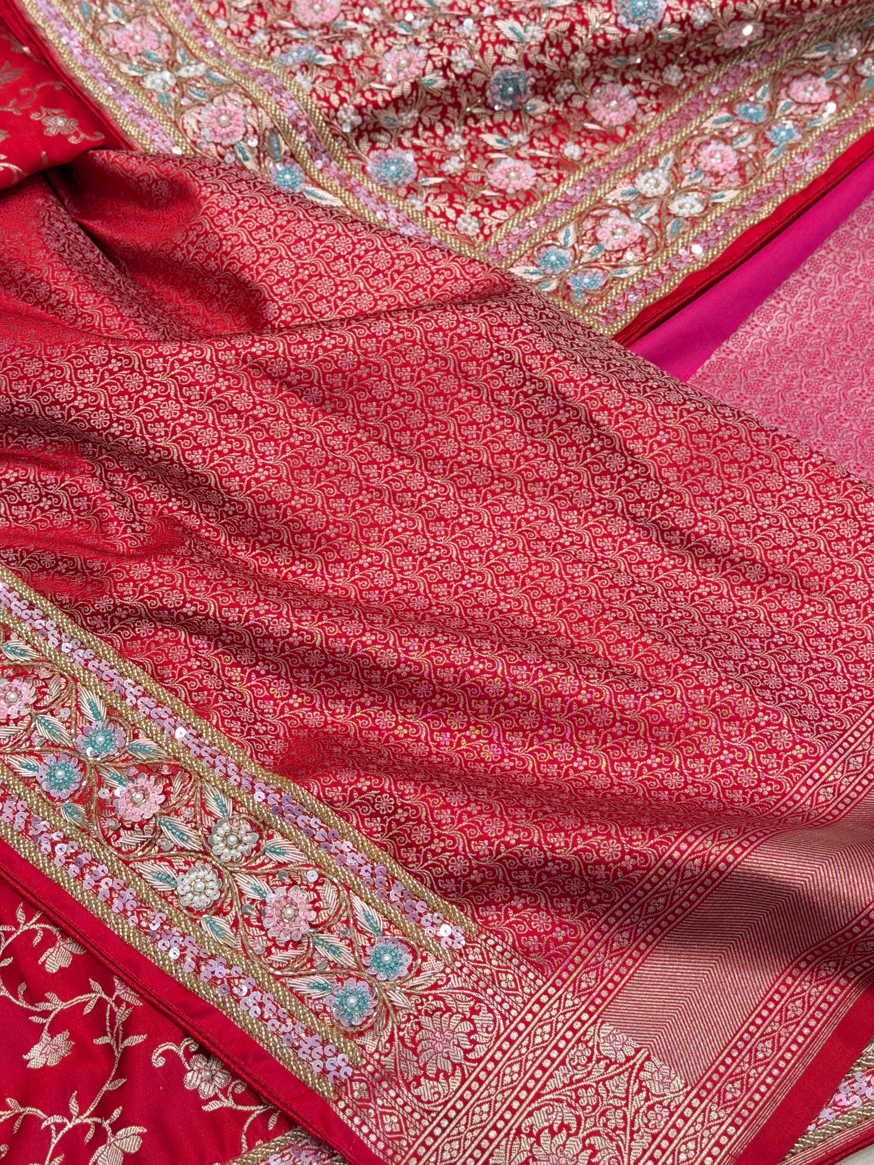Red Banarasi Pine Jaal Moti Zardosi Hand Embroidery Saree