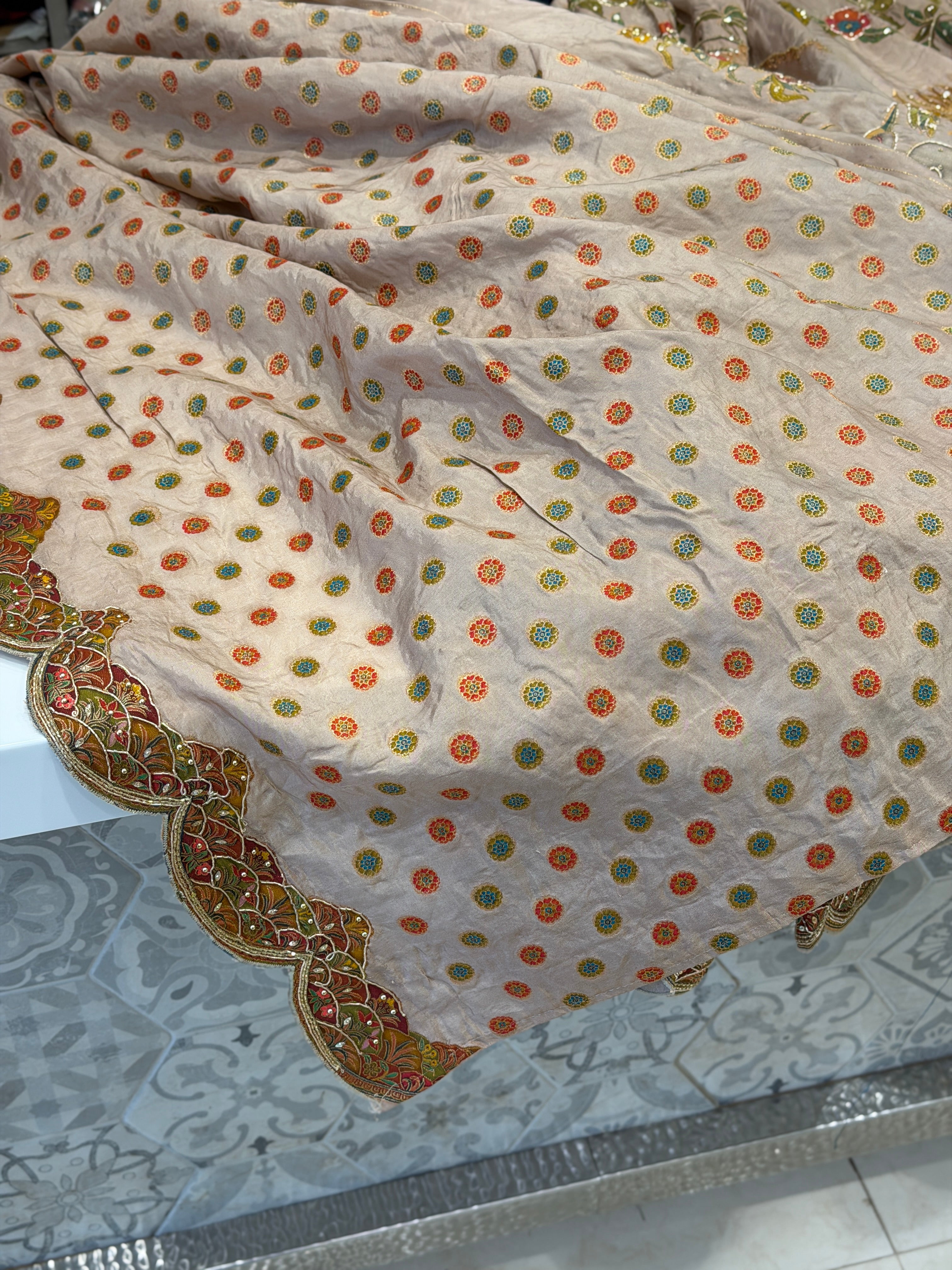 Champagne Munga Landscape Hand Embroidery Saree