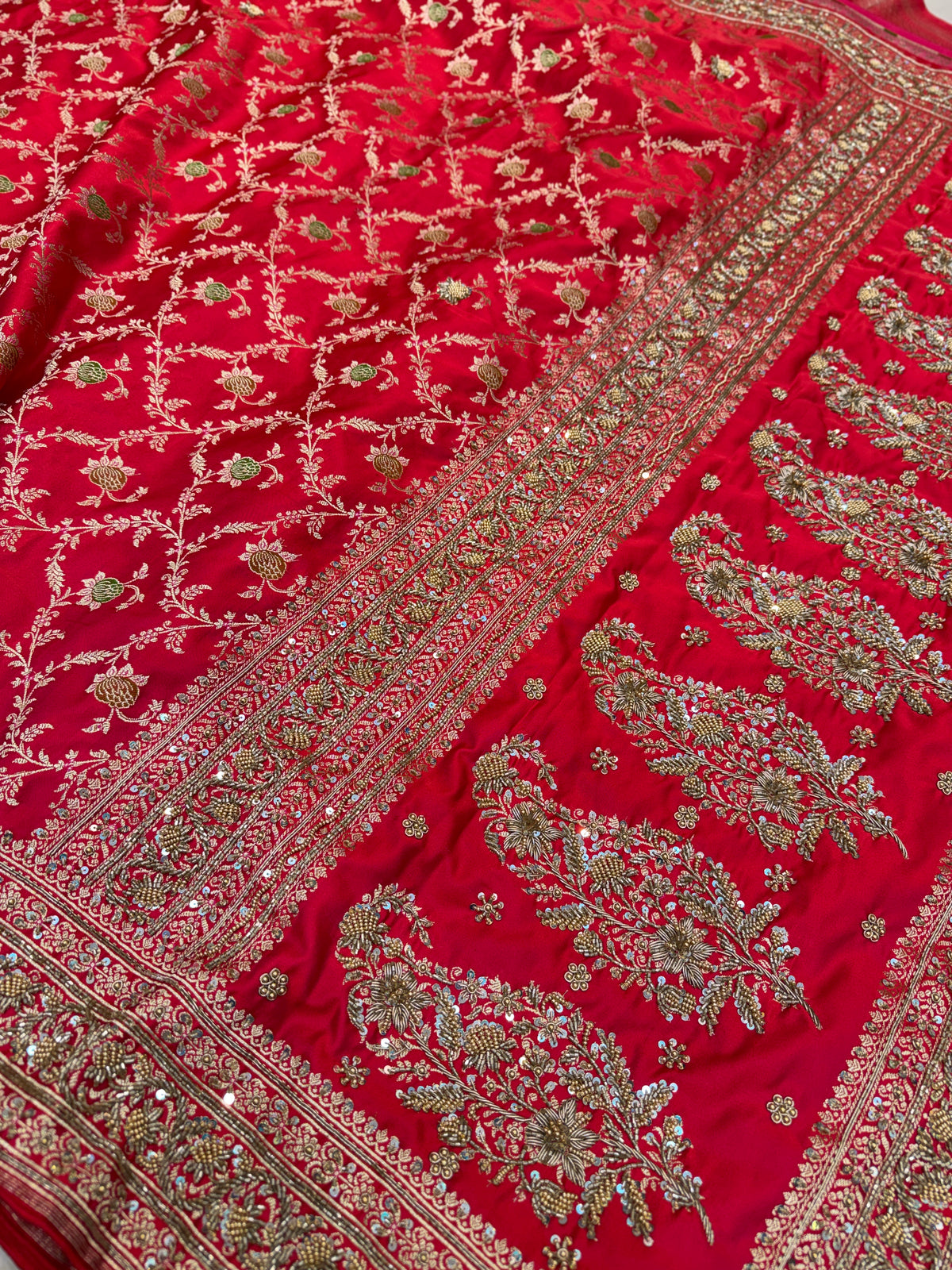 Cross Red Meenakari Banarasi Jaal Antique Zardosi Hand Embroidery Saree
