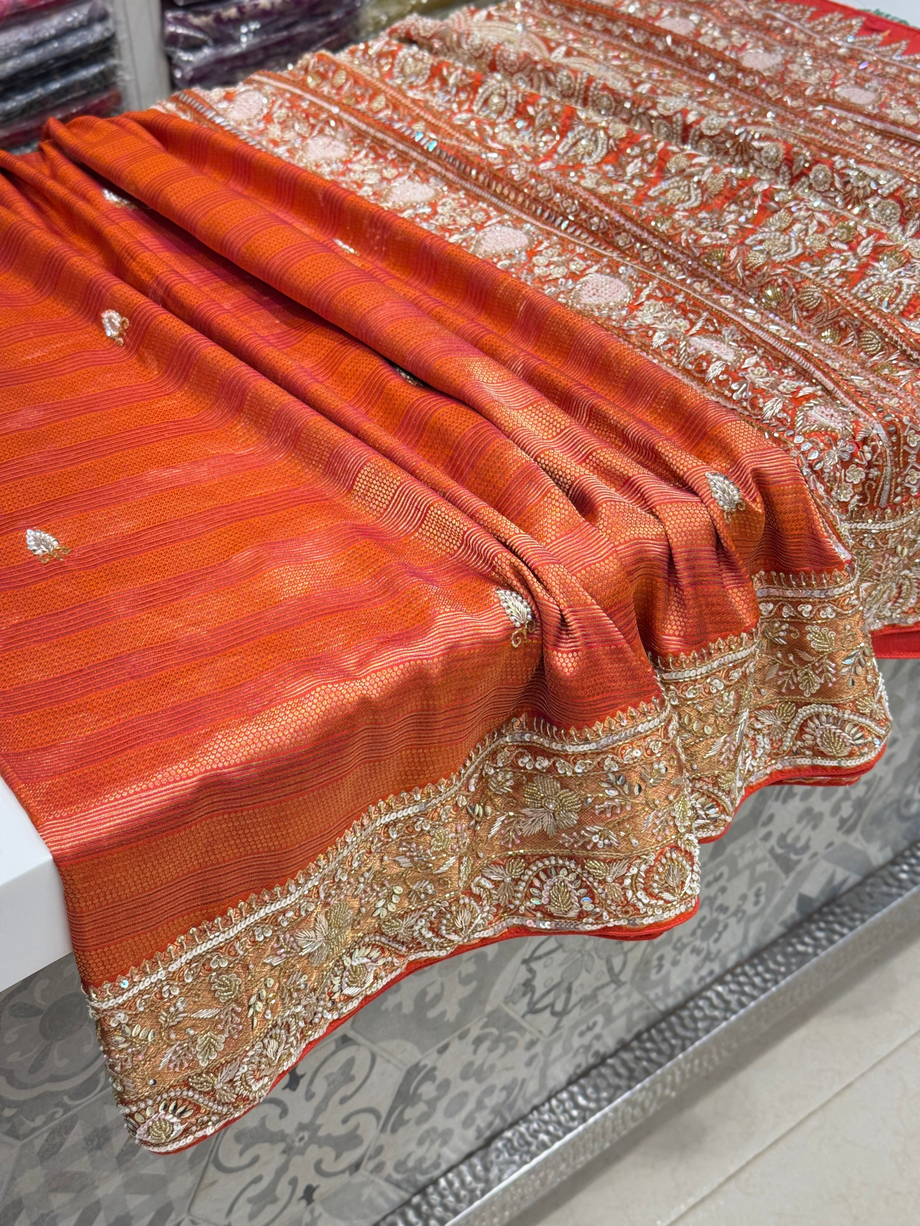 Orange Contemporary Pure Silk Kanjivaram Hand Embroidered Saree