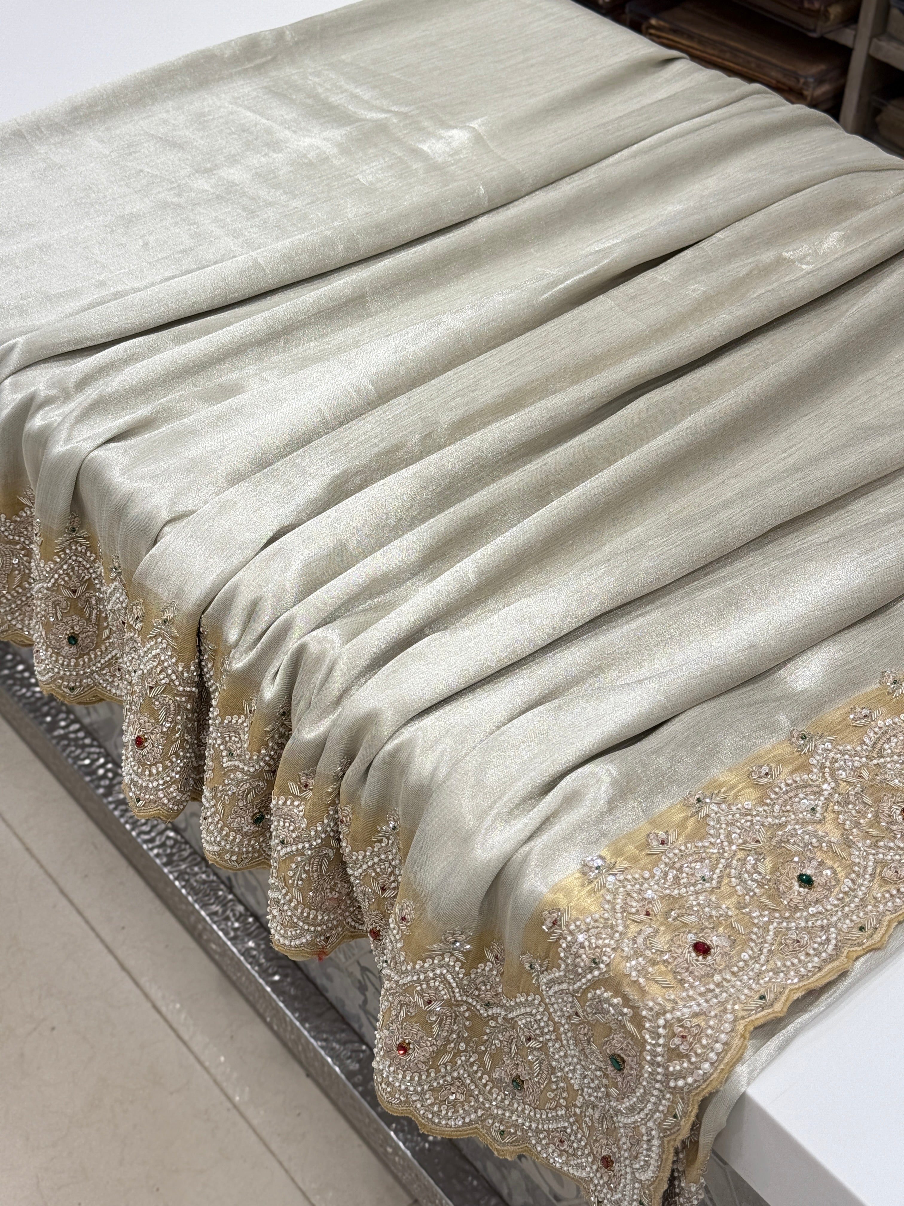 Silver Gold Tissue Hand Embroidery Crystal Embroidery Saree