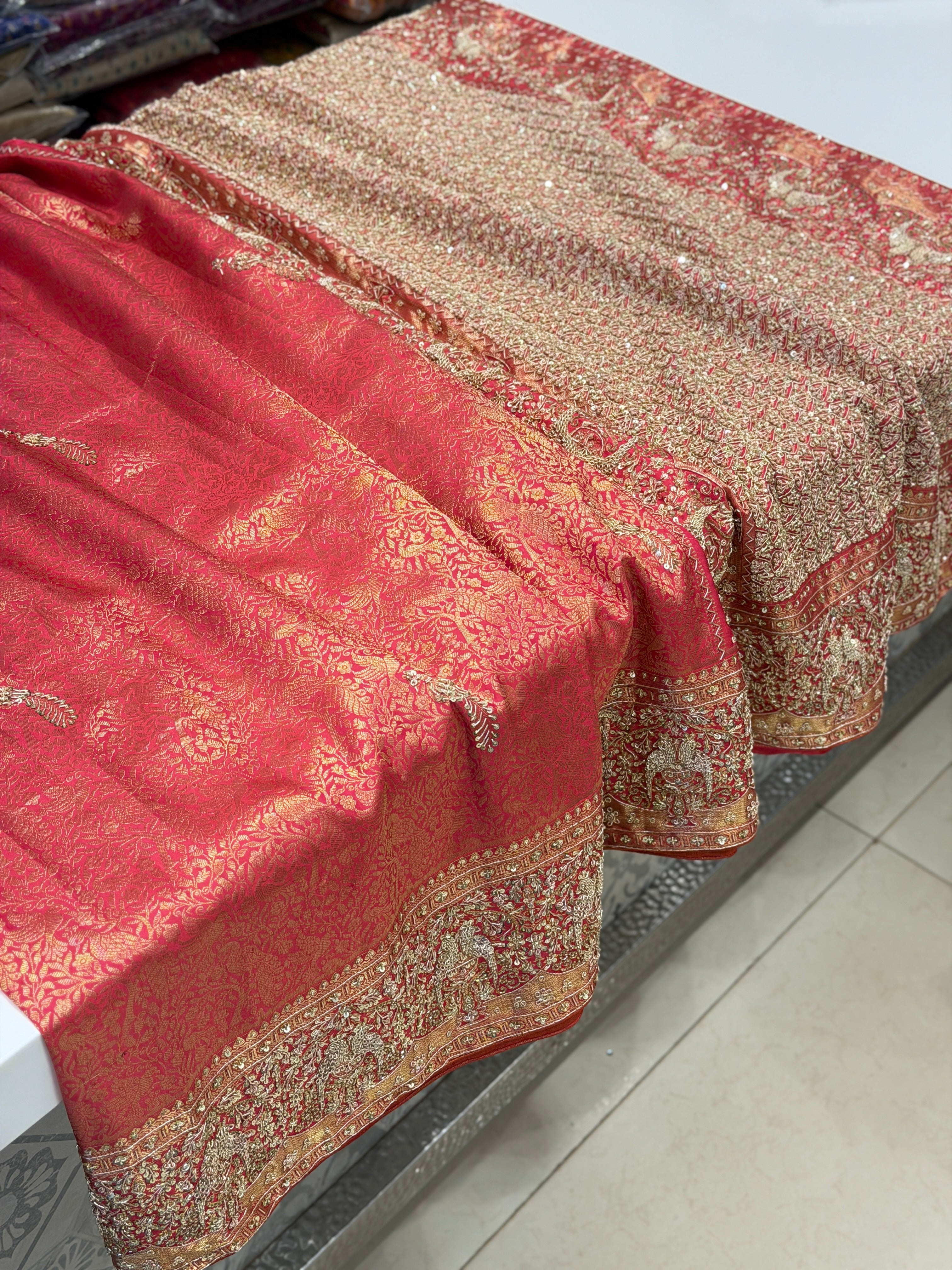 Crimson Kanjivaram Parrot Motif Hand Embroidery Zardosi Saree