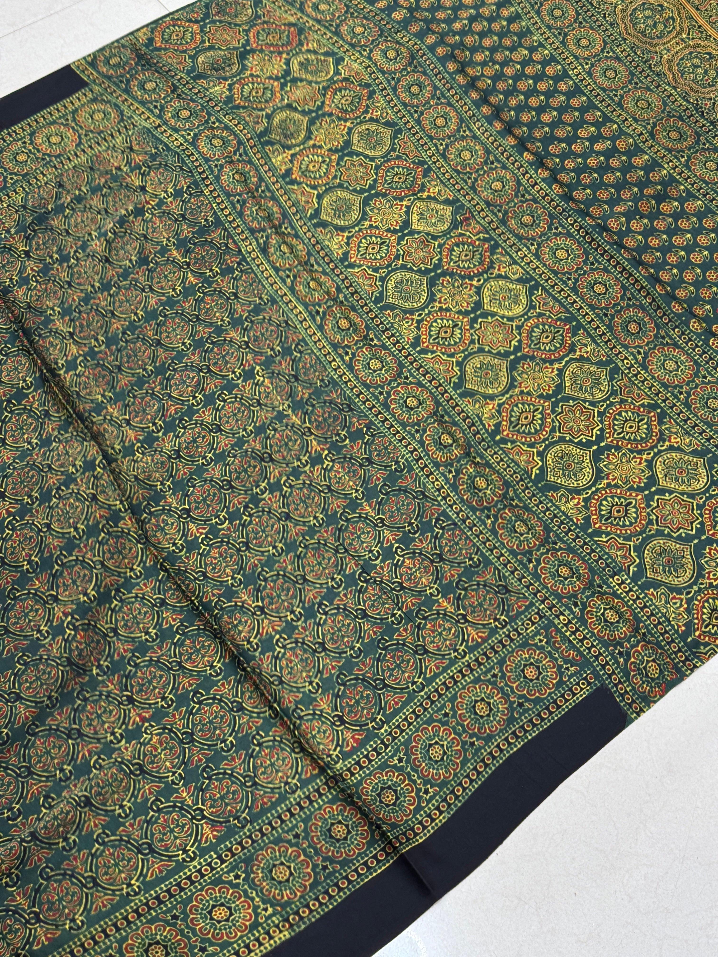 Green Jaal Ajrakh Saree Modal Gajji Silk Hand Block Print