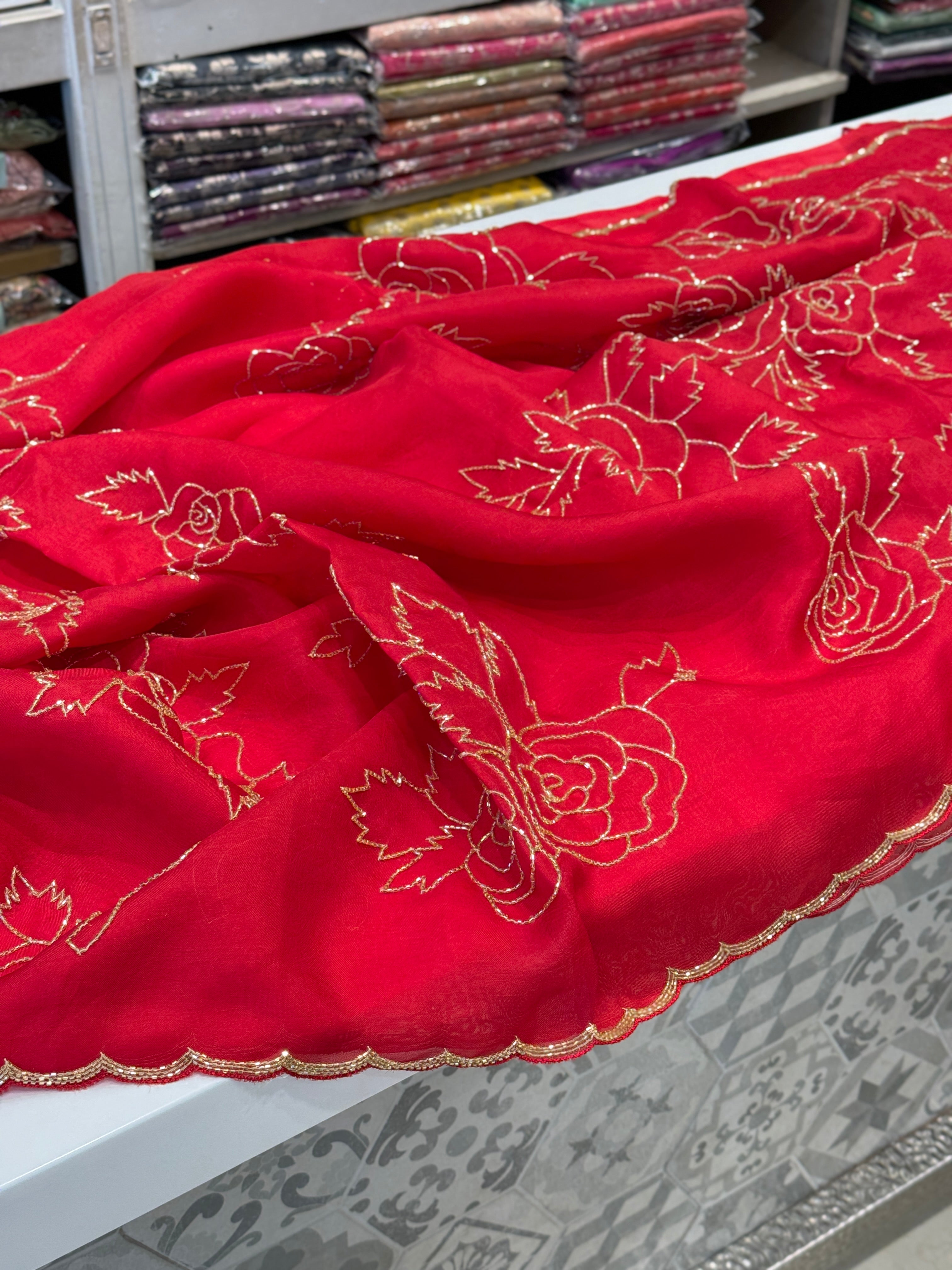 Red Pure Organza Hand Embroidery Saree