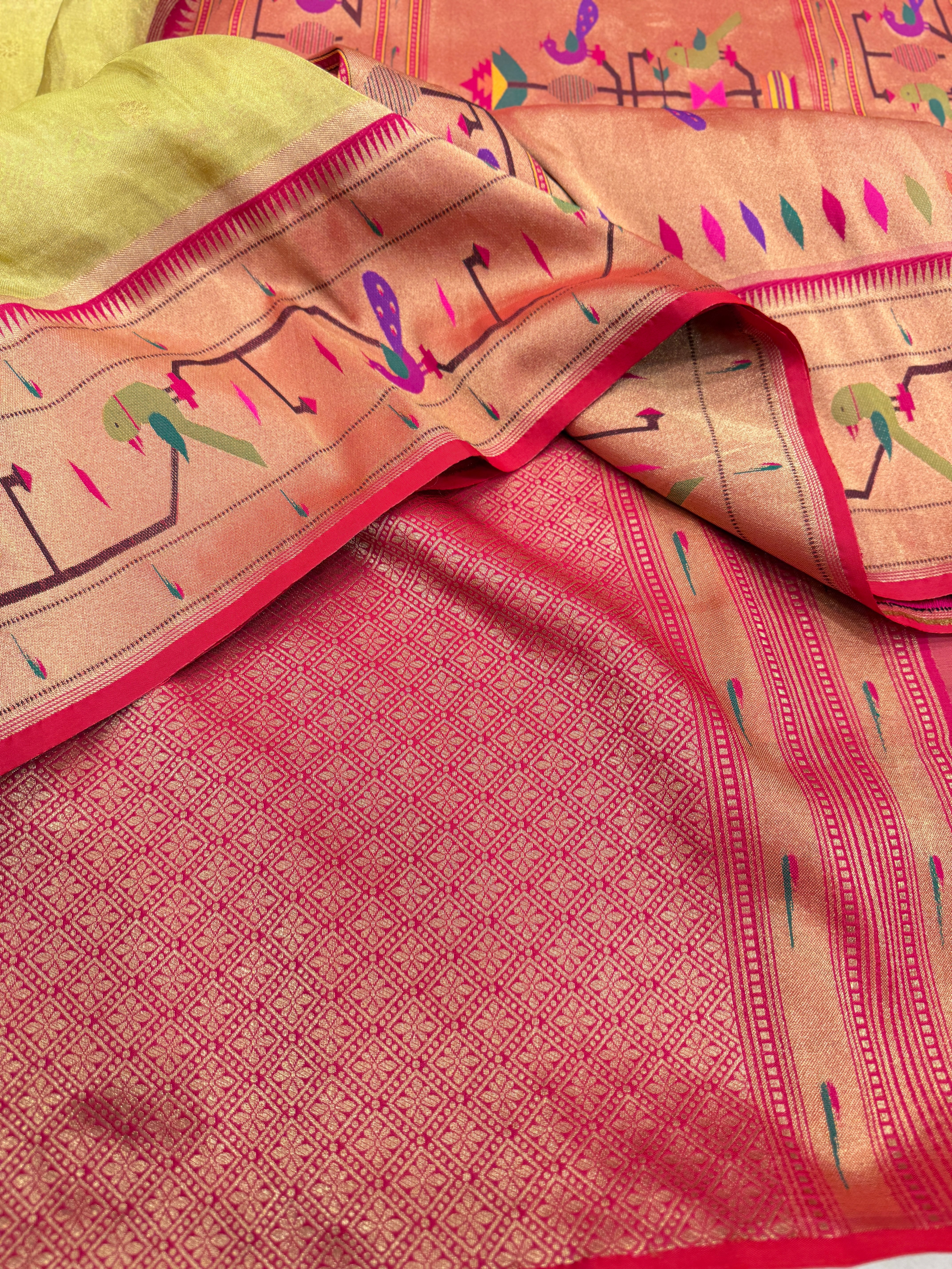 Neon Tissue Paithani Peacock Parrot Border Saree
