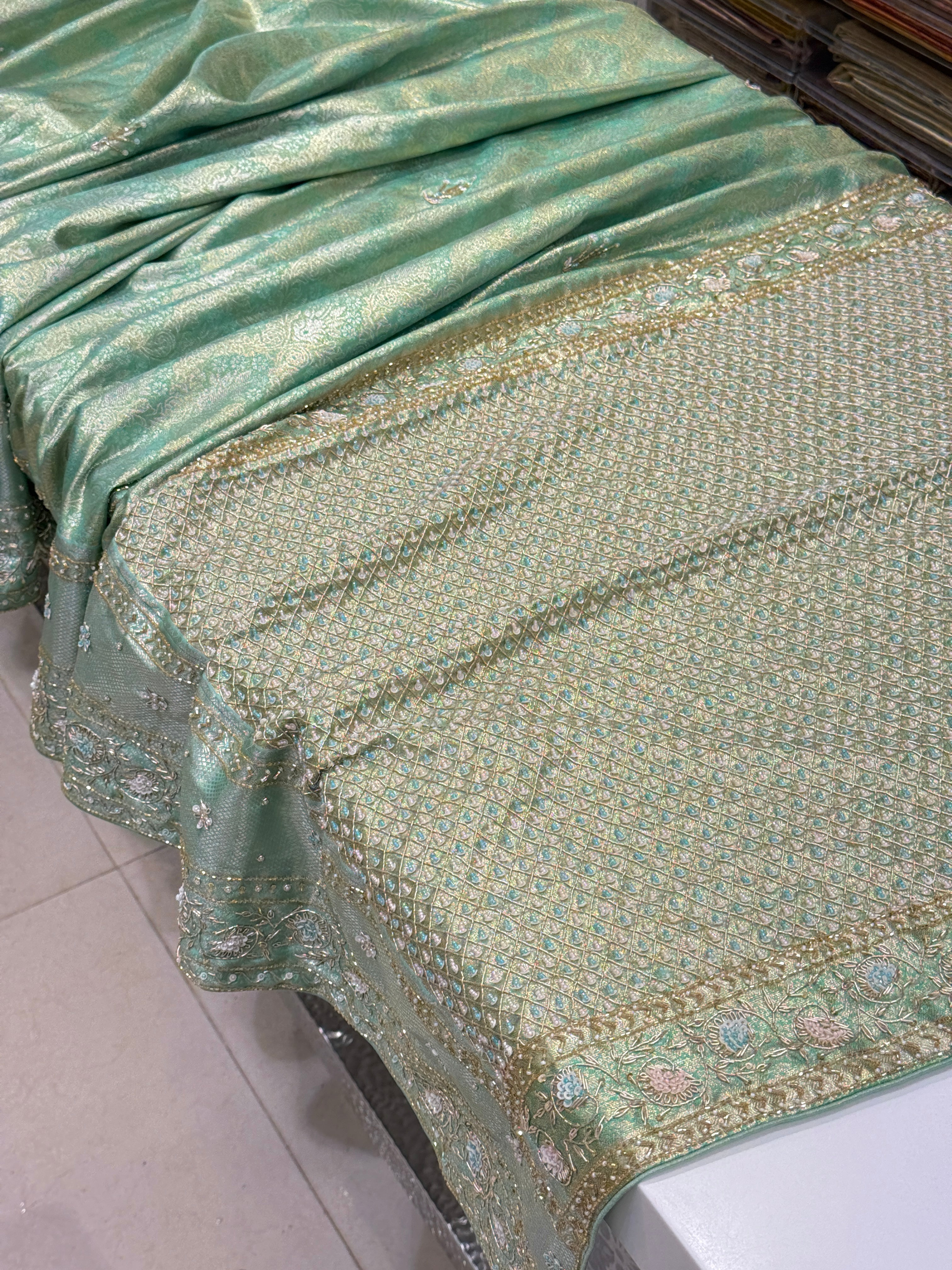 Pista Green Tissue Kanjivaram Hand Embroidery Saree