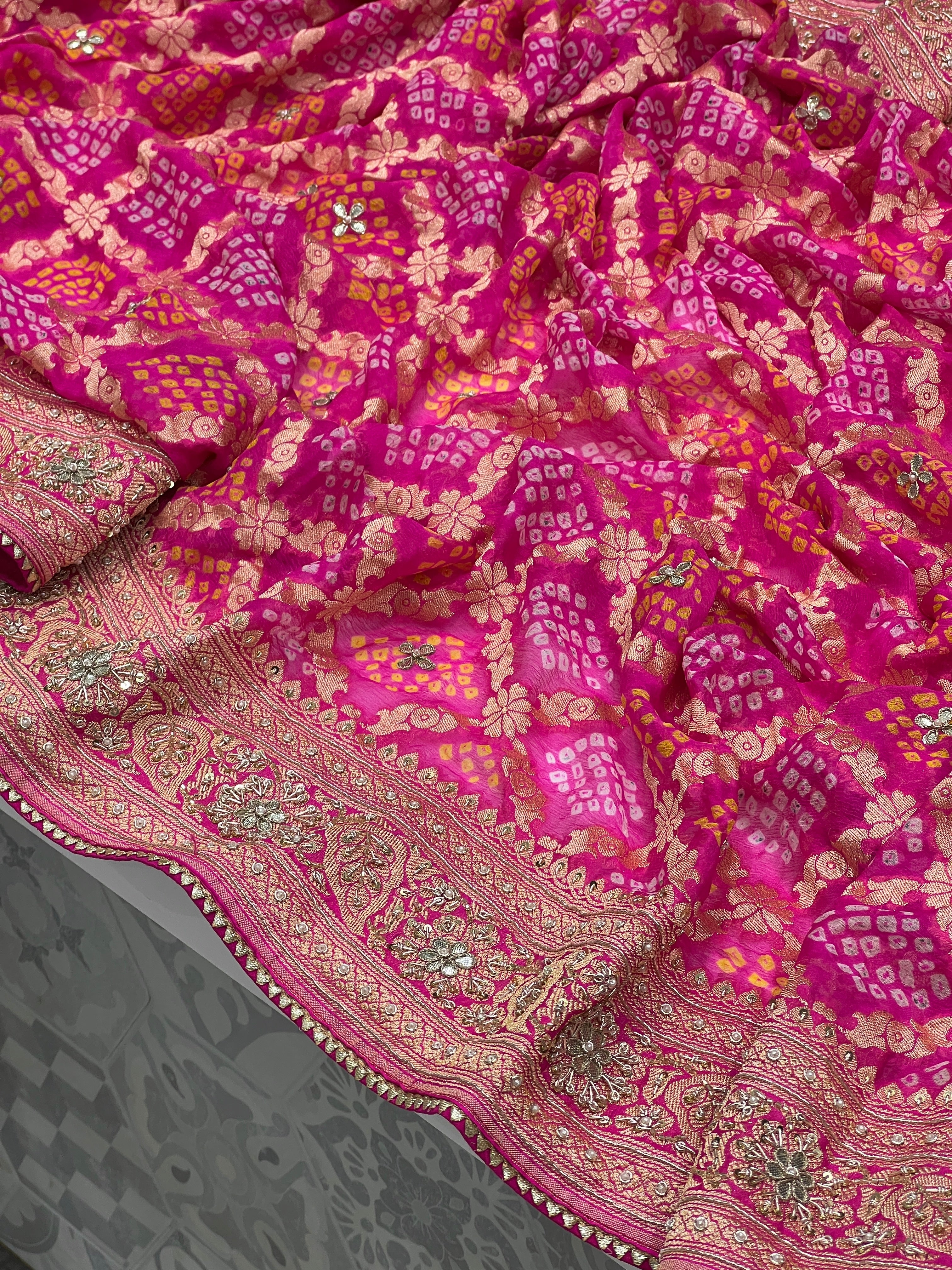 Pink Bandhej Intricate Hand Done Zardosi Saree