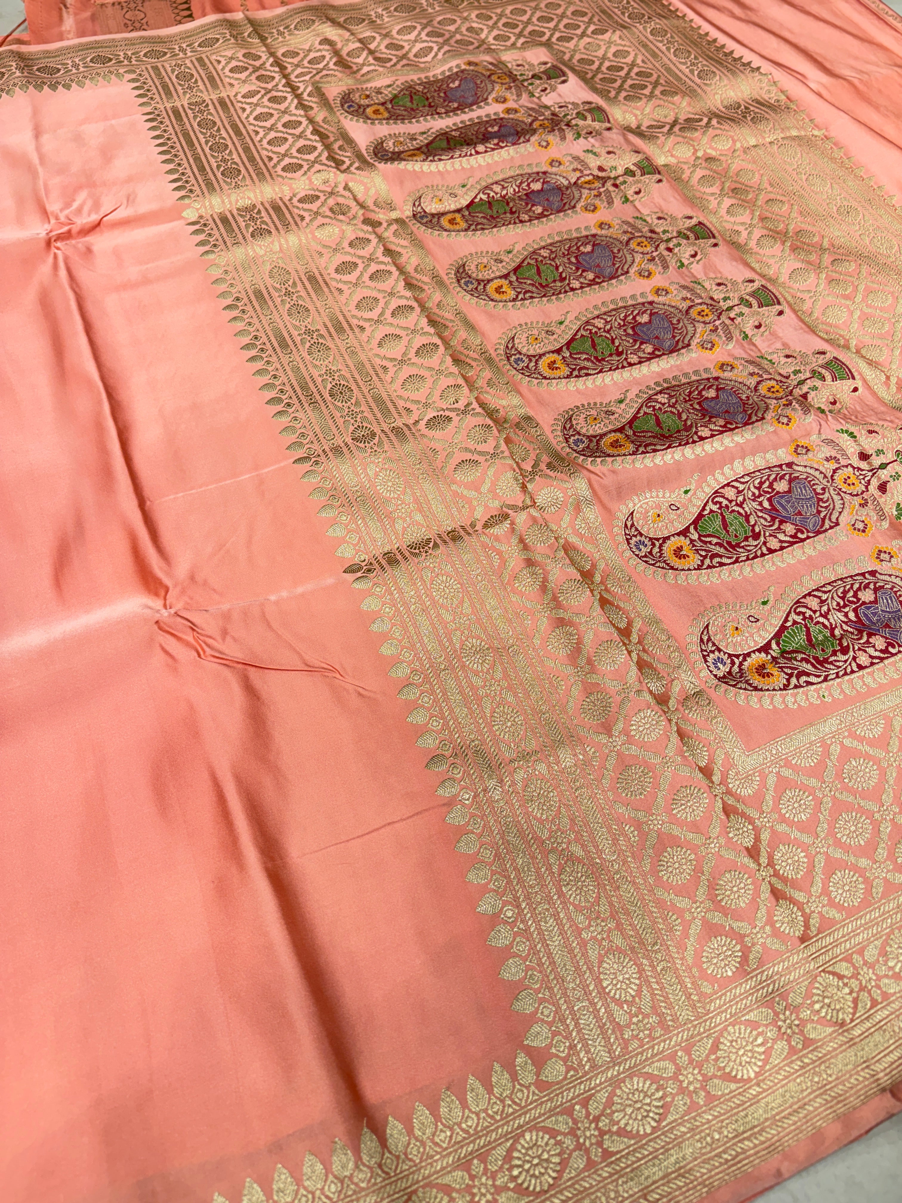 Peach Banarasi Silk Plain Body Meena Pallu Saree