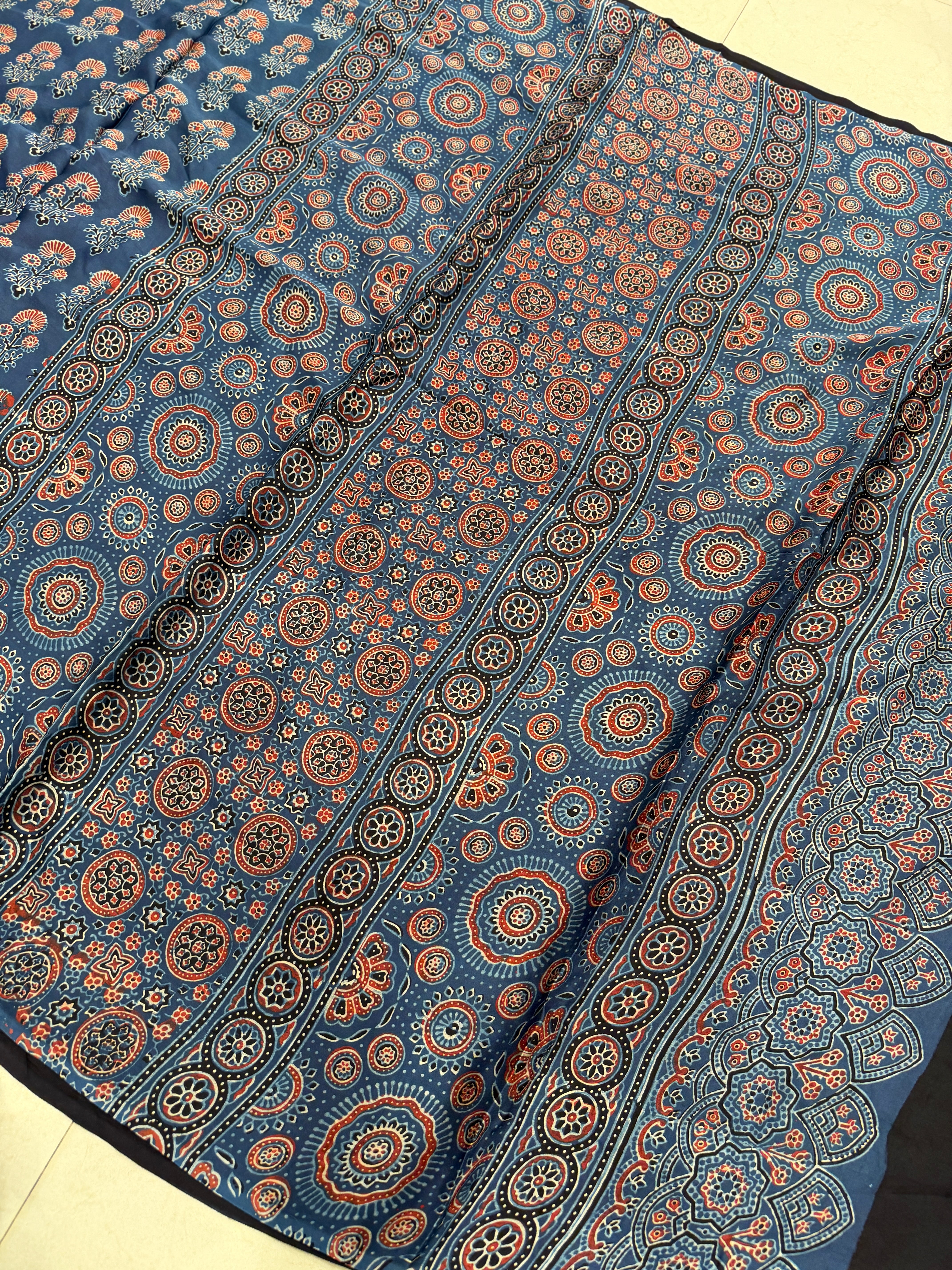 Blue Floral Buttas Ajrakh Hand Block Print Pure Gajji Silk Saree