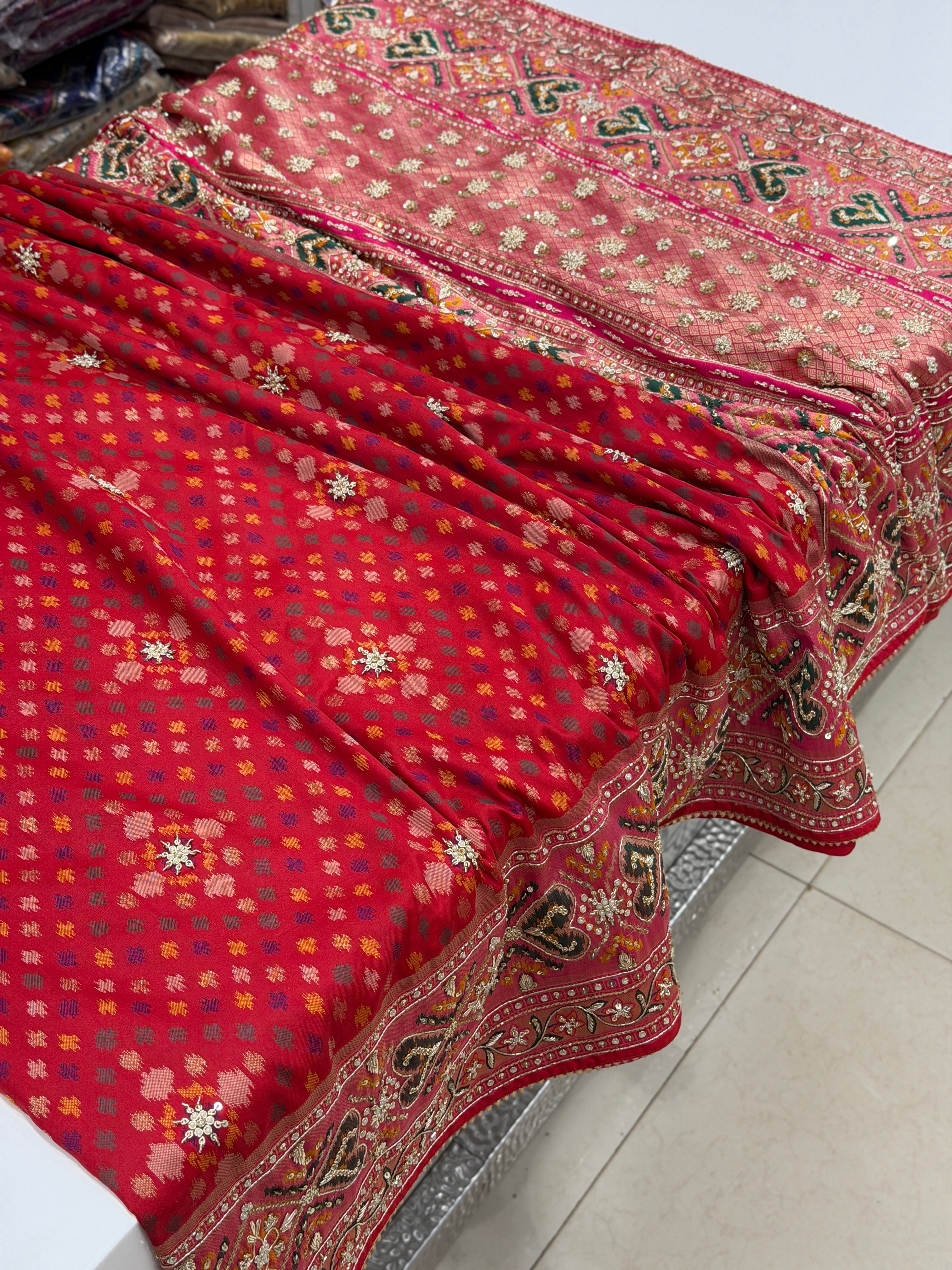 Red Patola Zardosi Hand Embroidery Saree