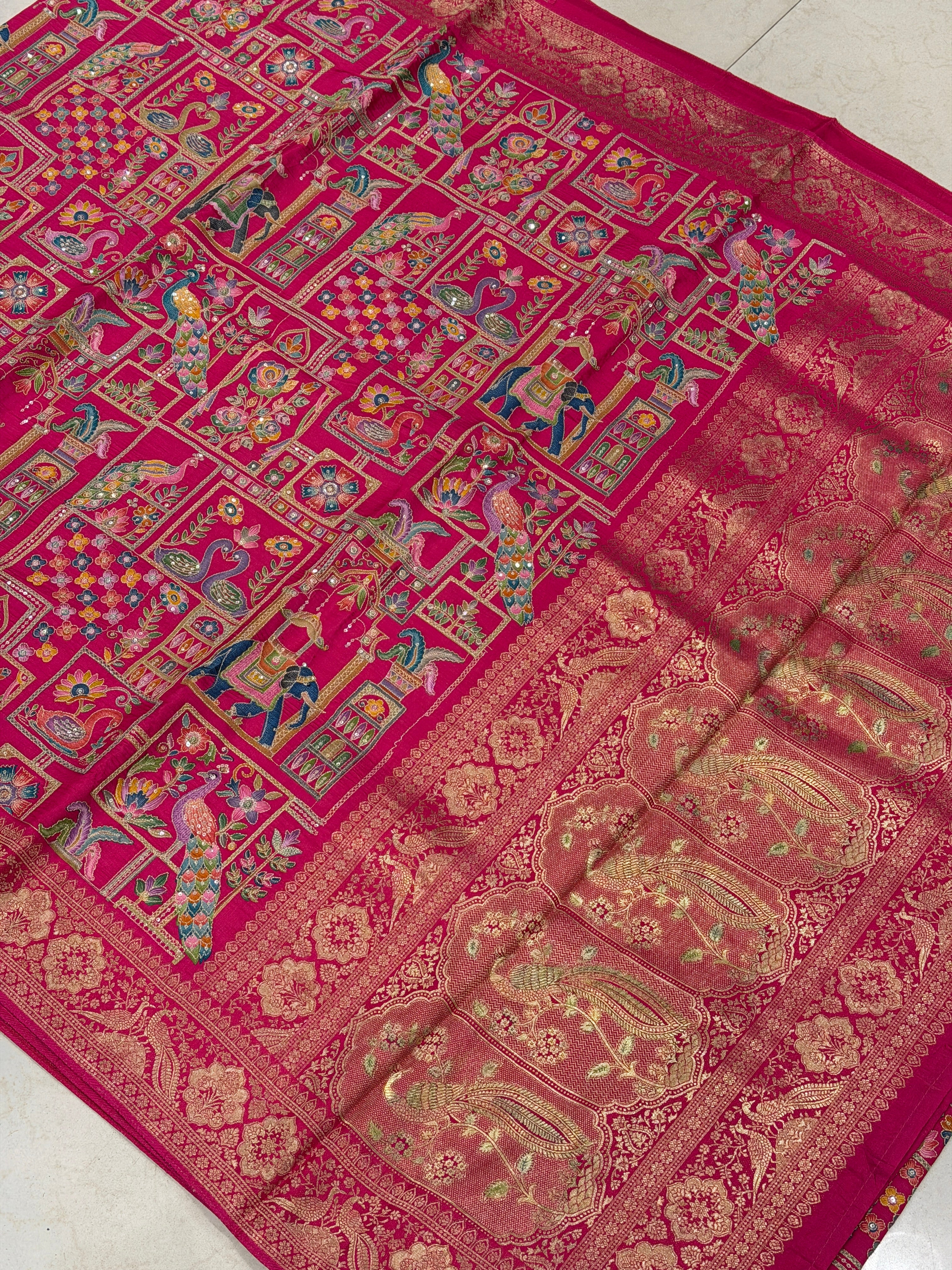 Rani Banarasi Fauna Banarasi Munga Pita Embroidery Saree