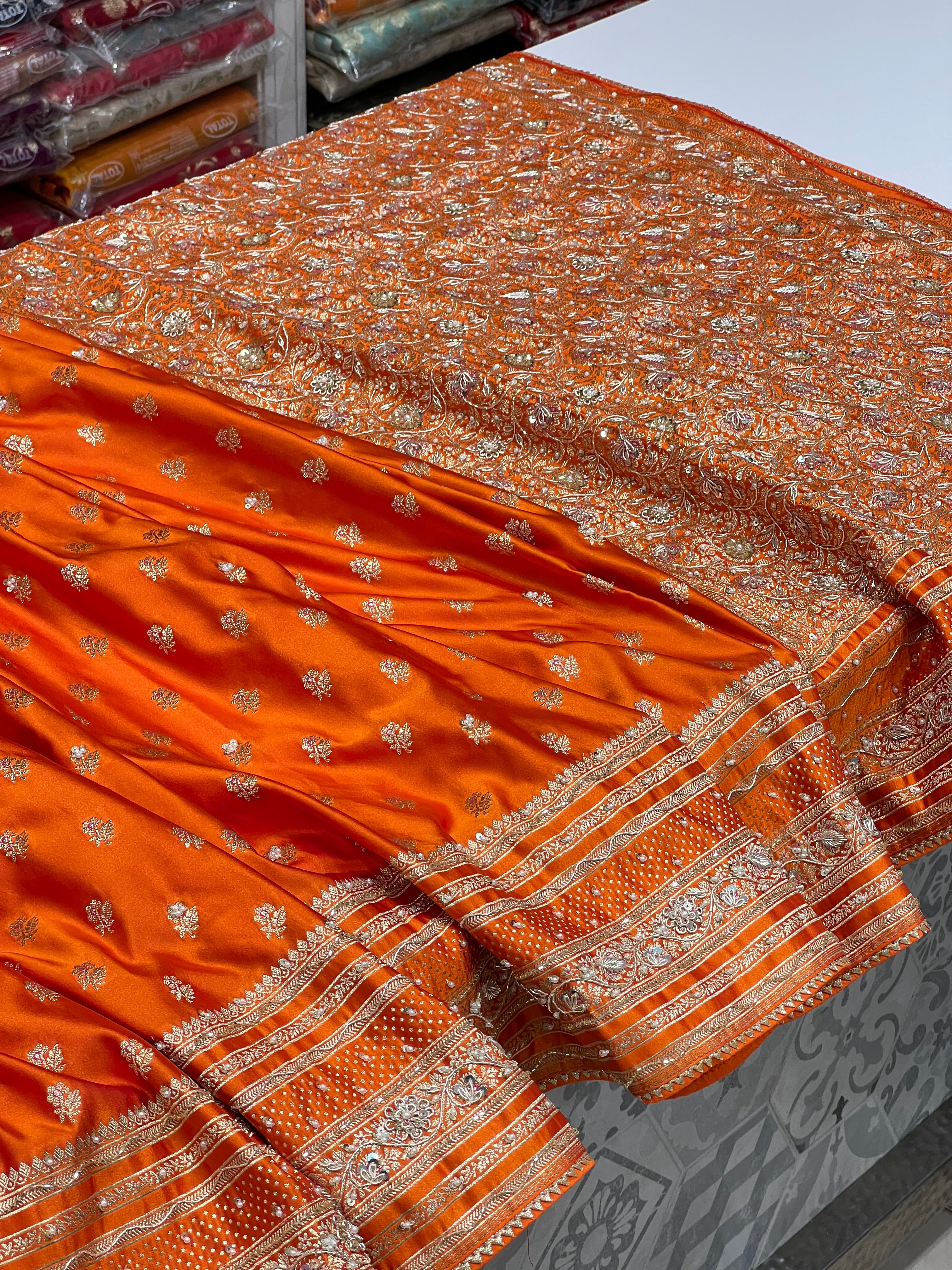 Orange Banarasi Silk Hand Embroidery Saree