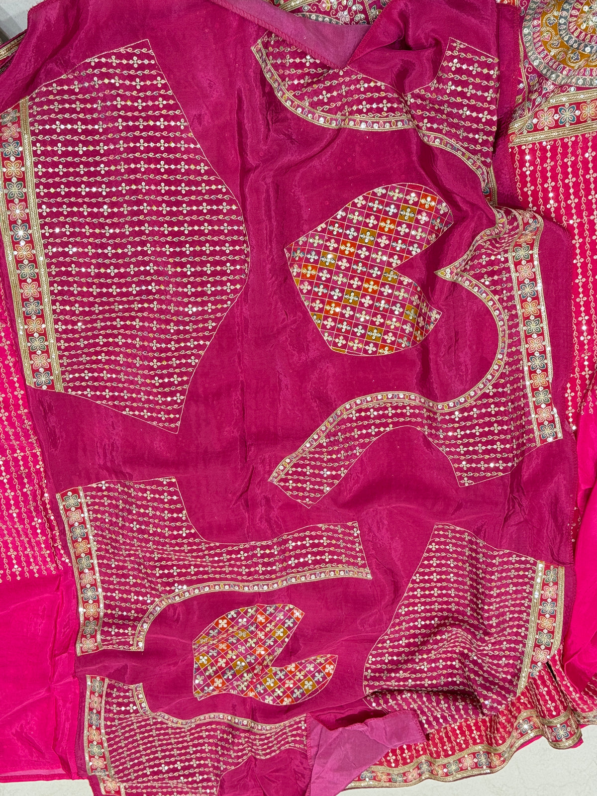 Rani Shaded Meenakari Crepe Banarasi Pita Embroidery Saree