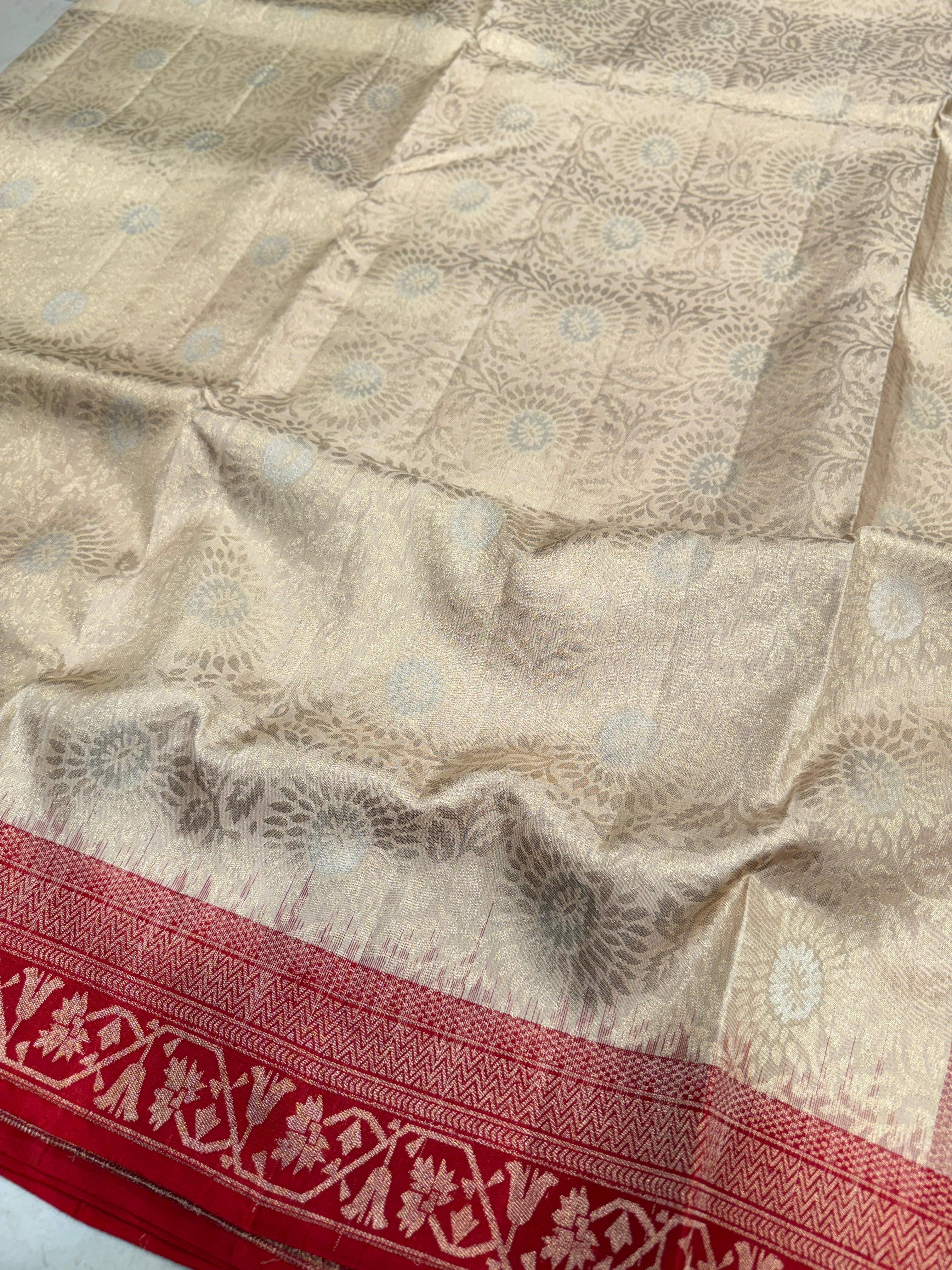 Beige Red Brocade Jaal Handloom Kanchipuram Pure Silk Saree