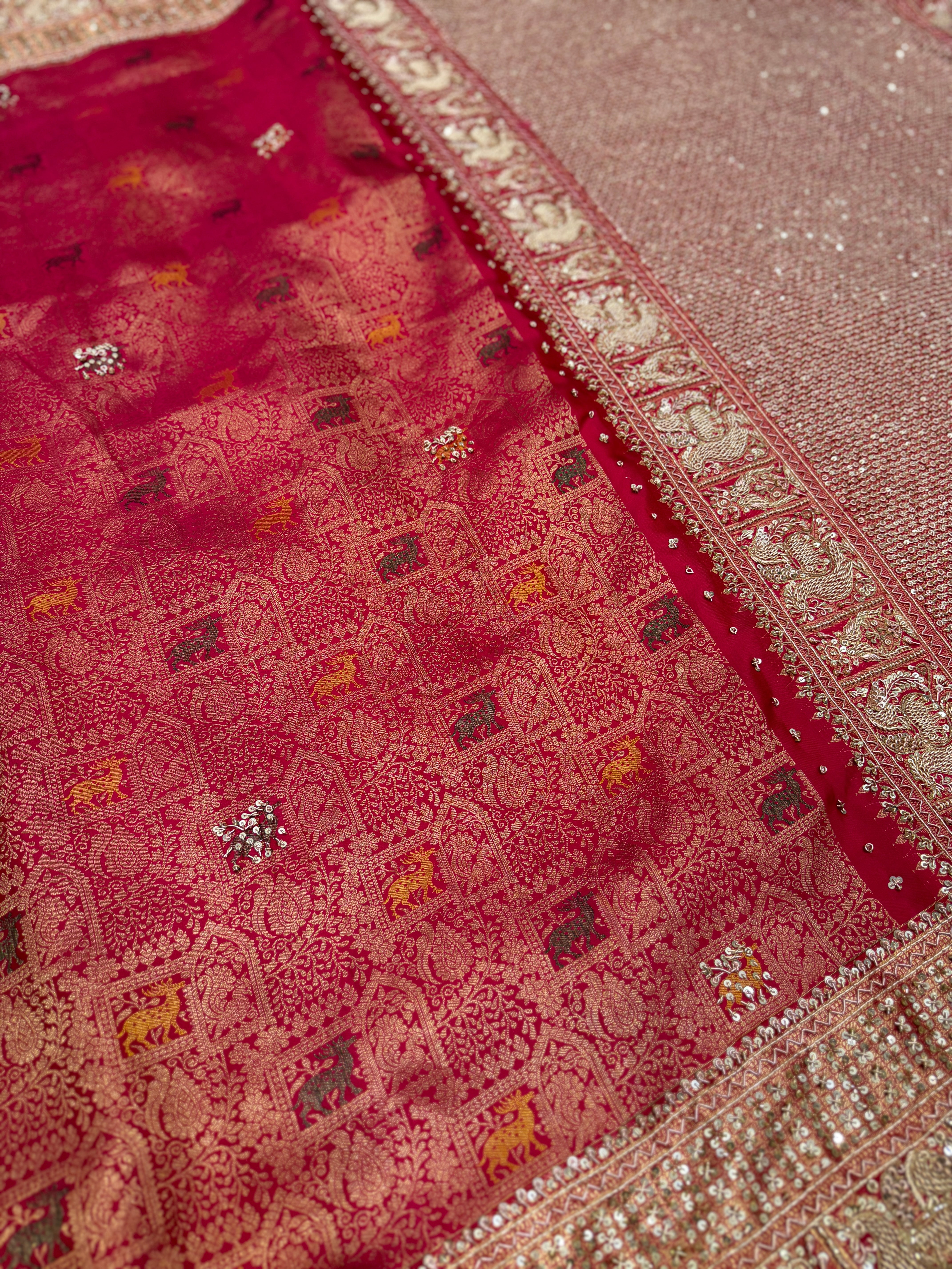 Rani Pink Peacock Motif Meenakari Hand Embroidery Zardosi Saree