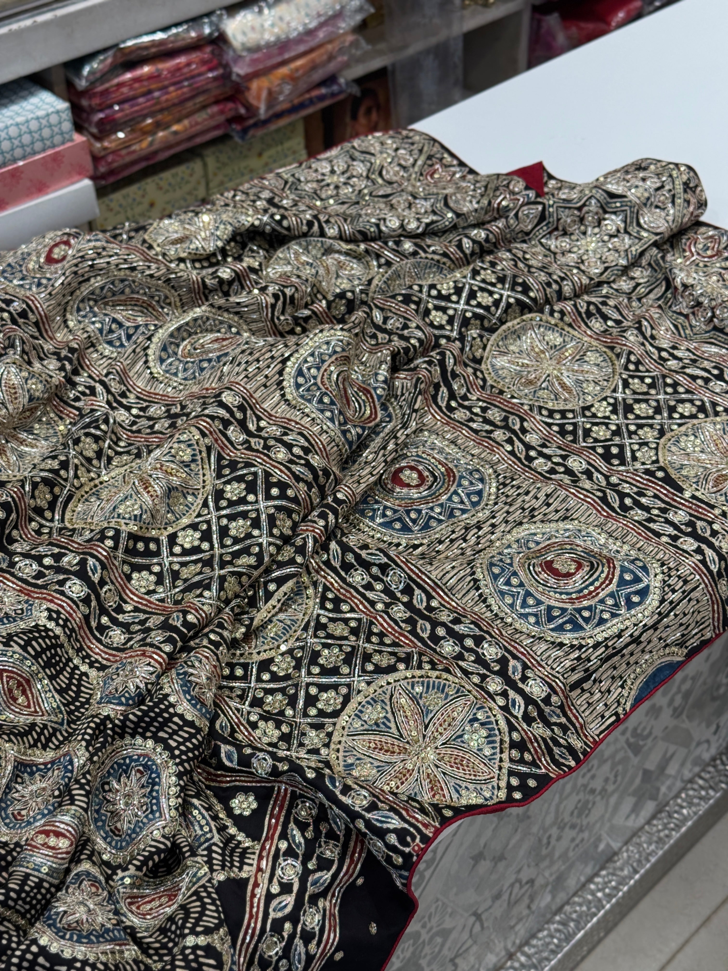 Ajrakh Hand Embroidery Zardosi and Pita Work