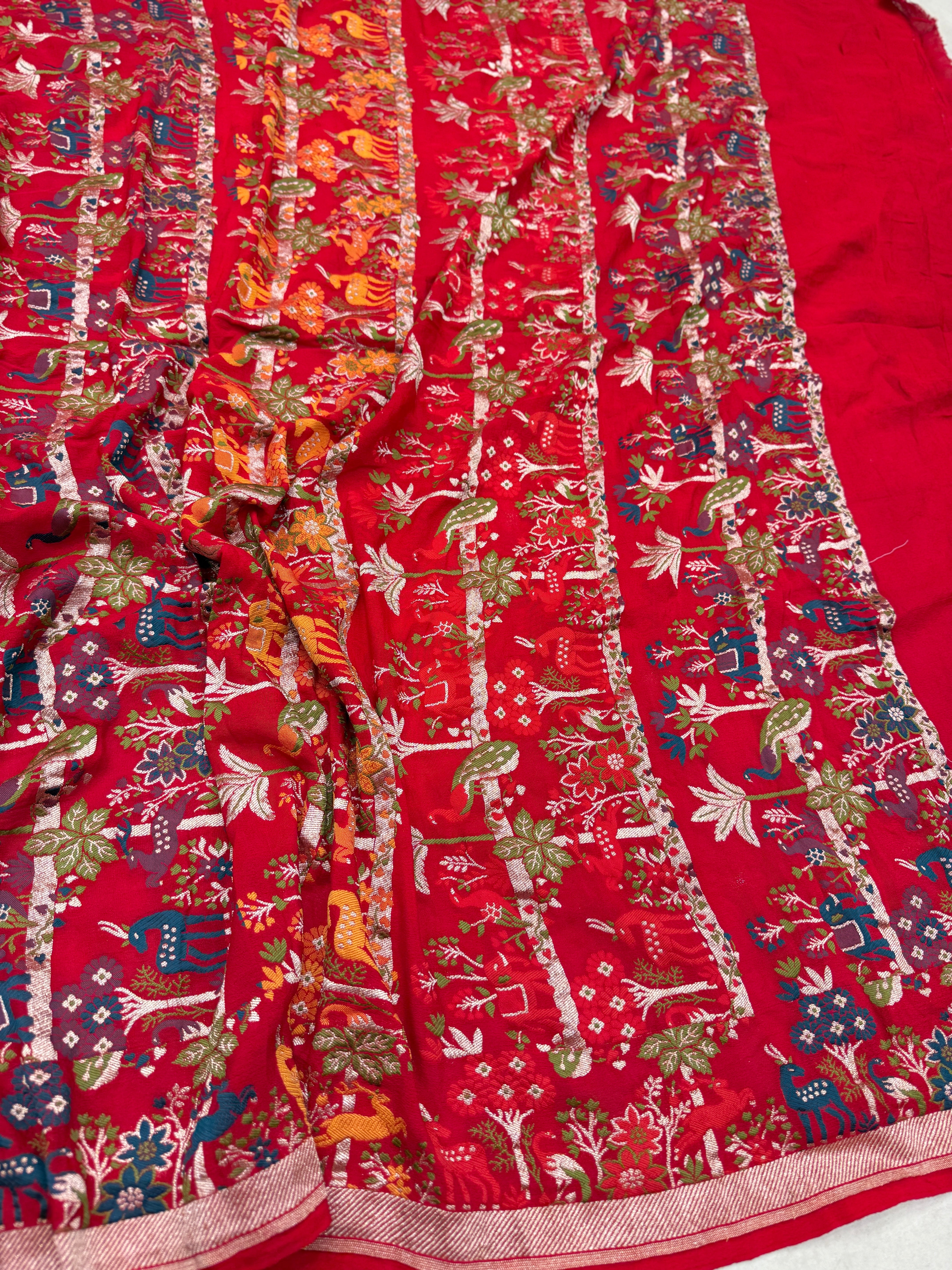 Red Meenakari Rai Bandhej Shikara Border Saree
