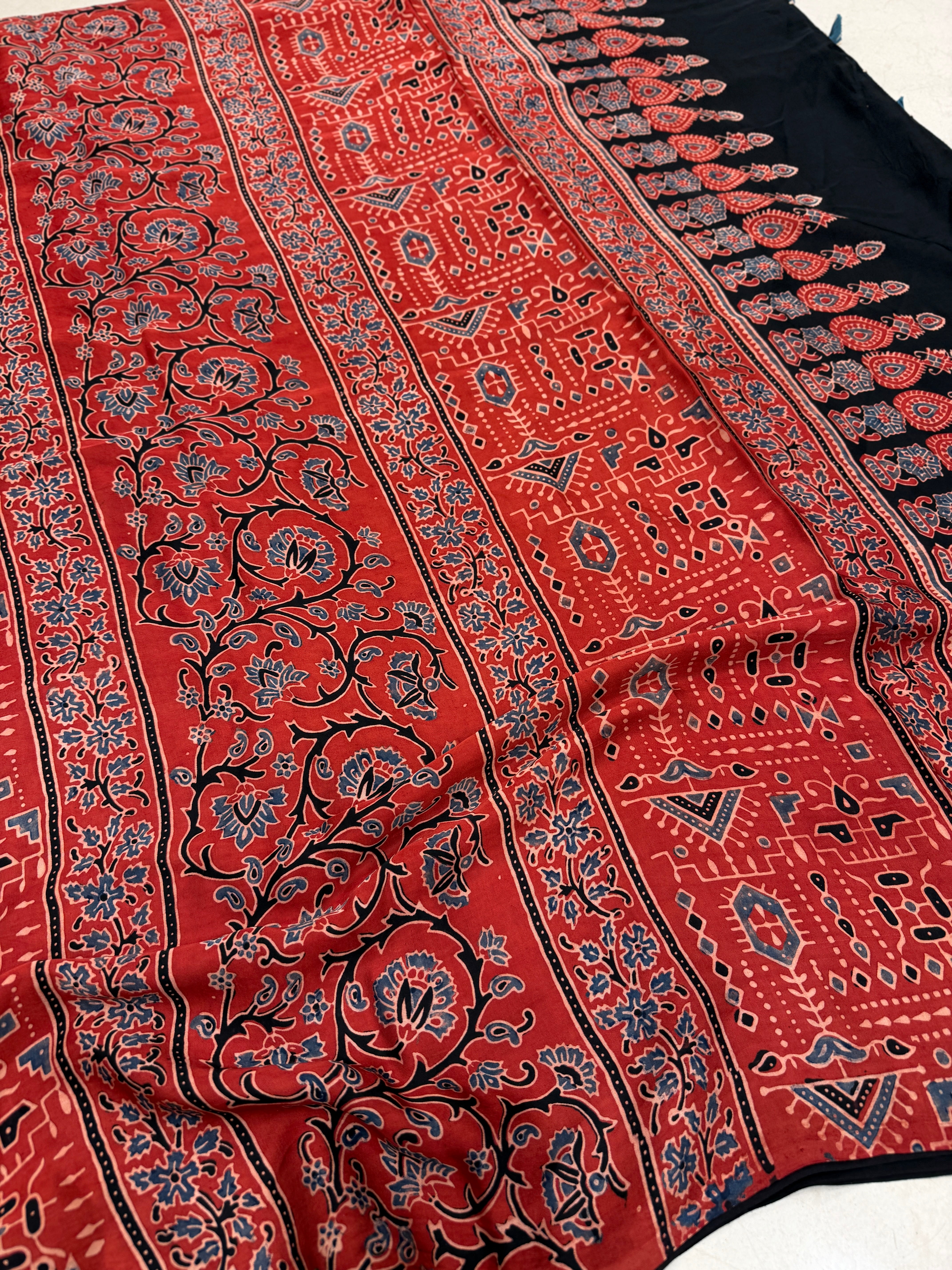 Red Sword Butti Ajrakh Hand Block Print Pure Modal Silk Saree