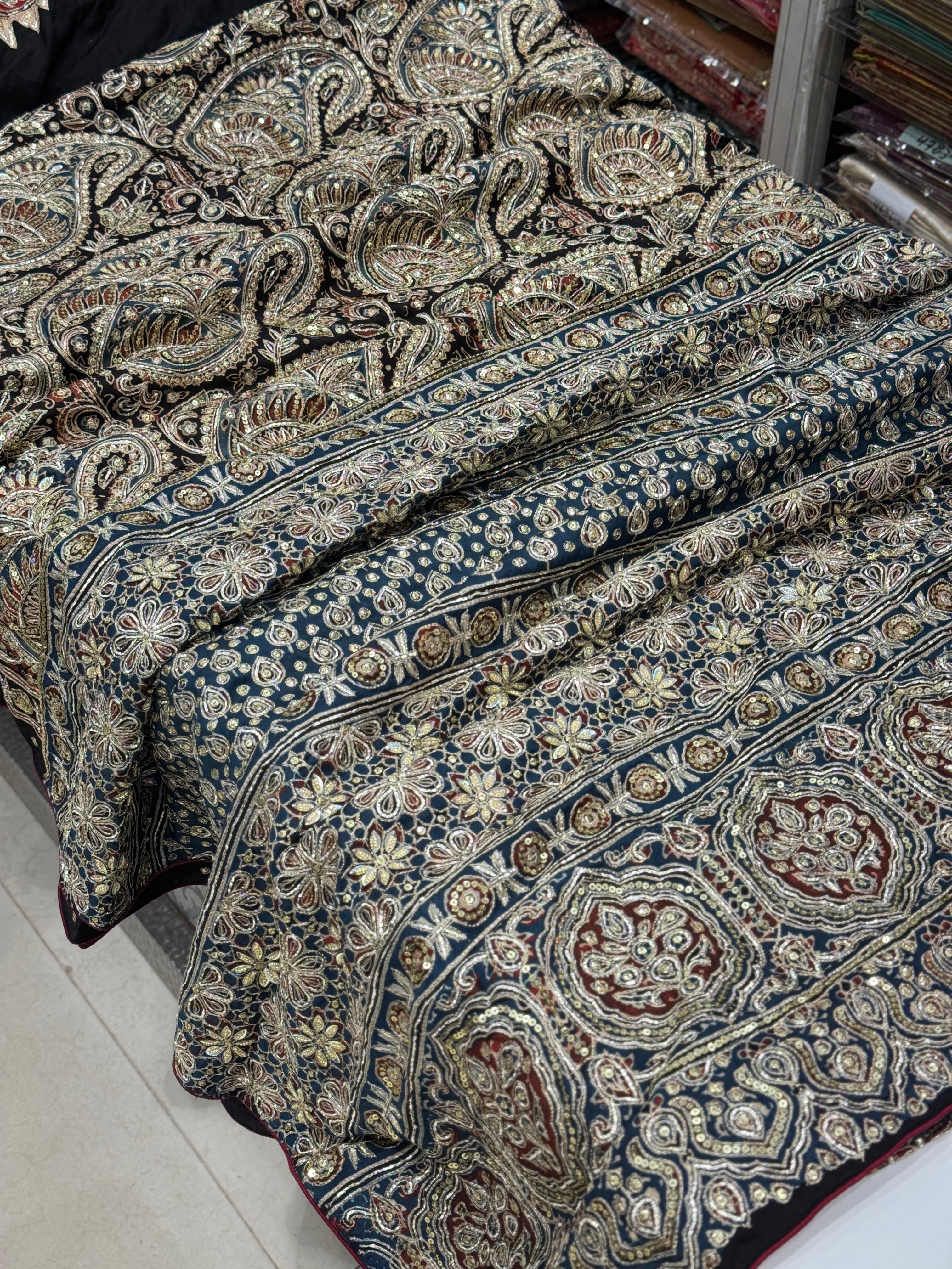 Black Keri Jaal Ajrakh Blue Pallu Hand Embroidery Zardosi and Pita Work
