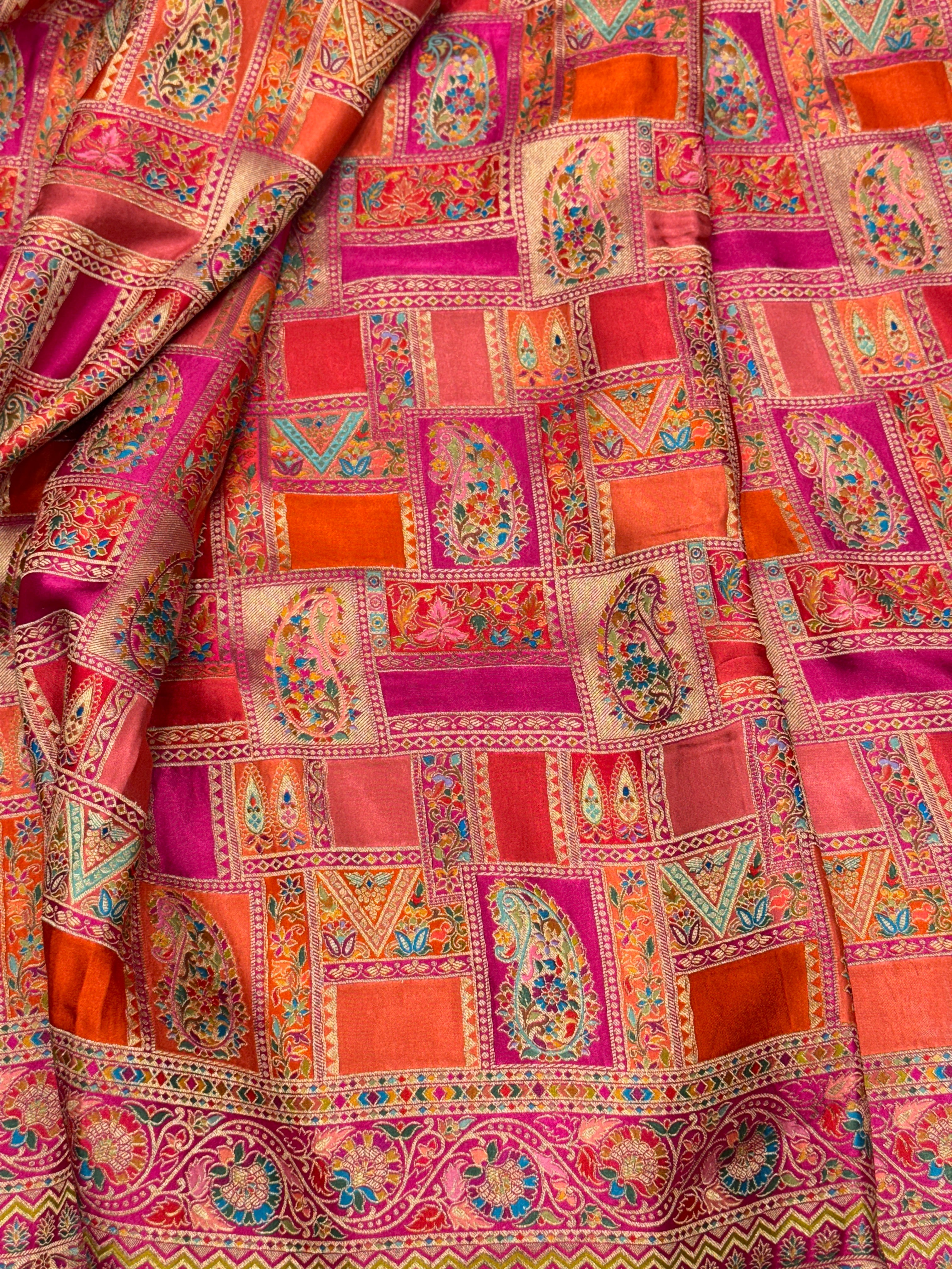 Orange Rani Banarasi Modal Rangkat Satin Checkered Silk Saree