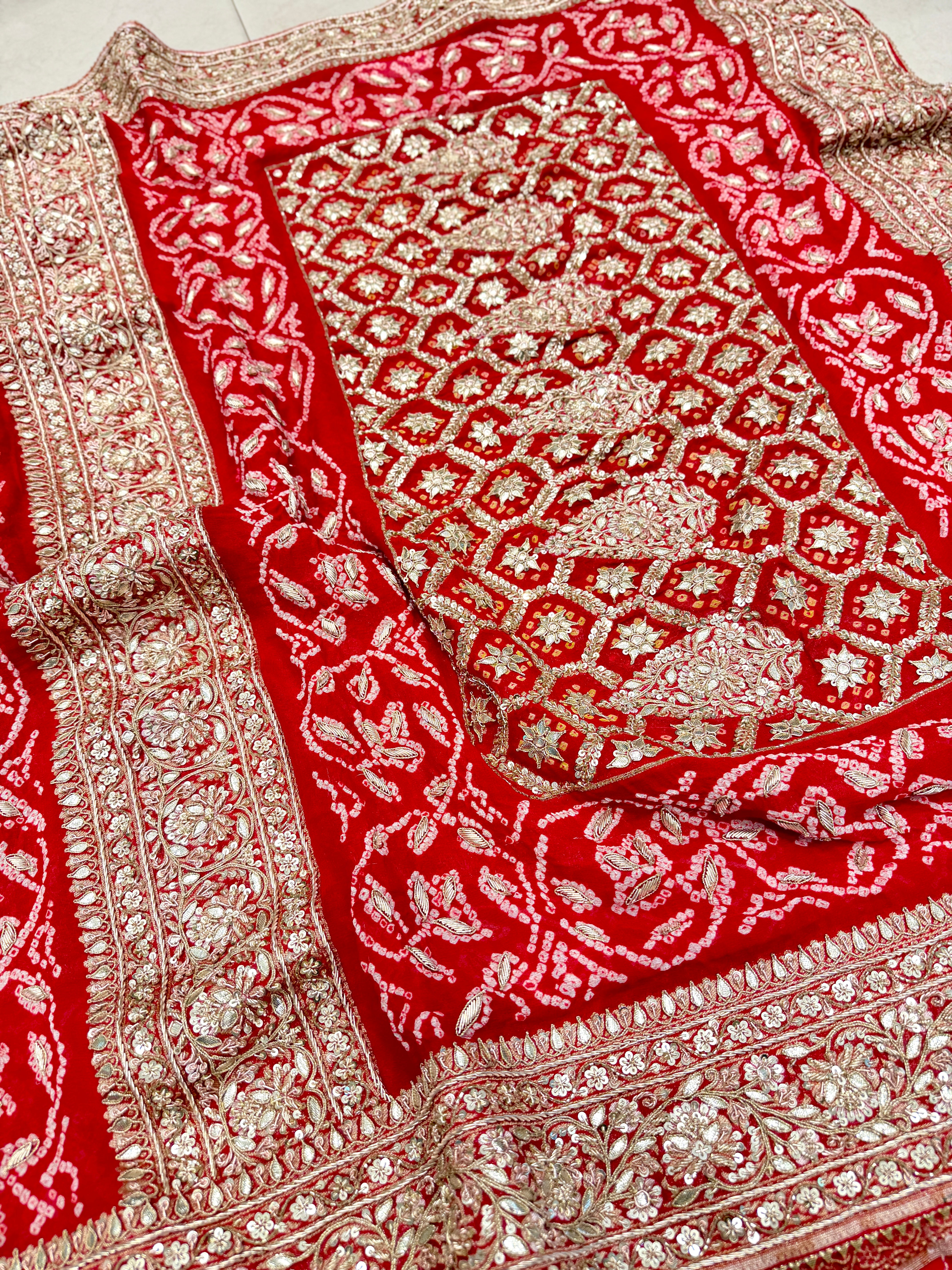 Red Bandhej Georgette Marodi Zardosi Gota Hand Embroidery Saree