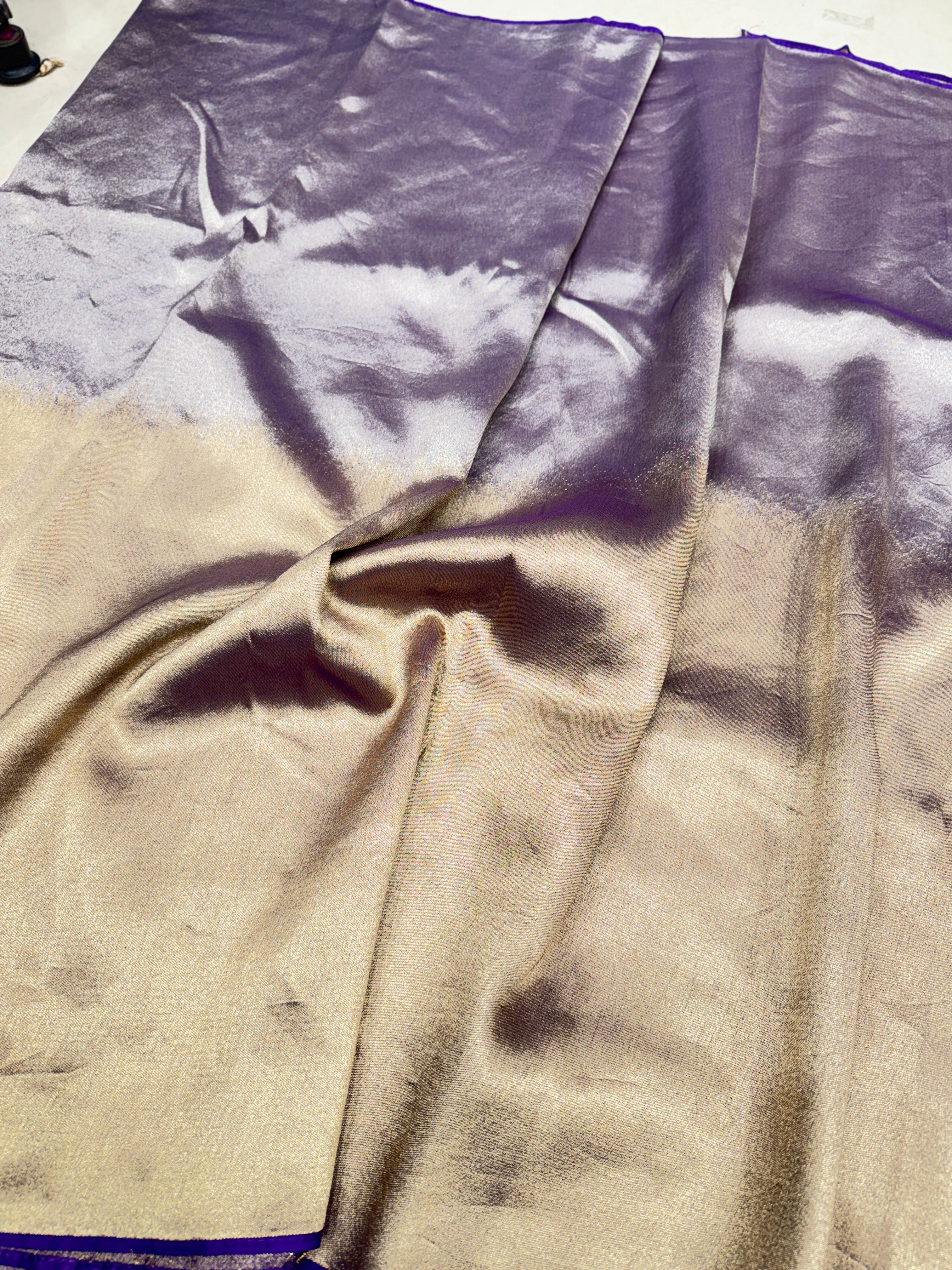 Violet Gold Silver Half Half Contemporary Banarasi Tissue Silk Saree