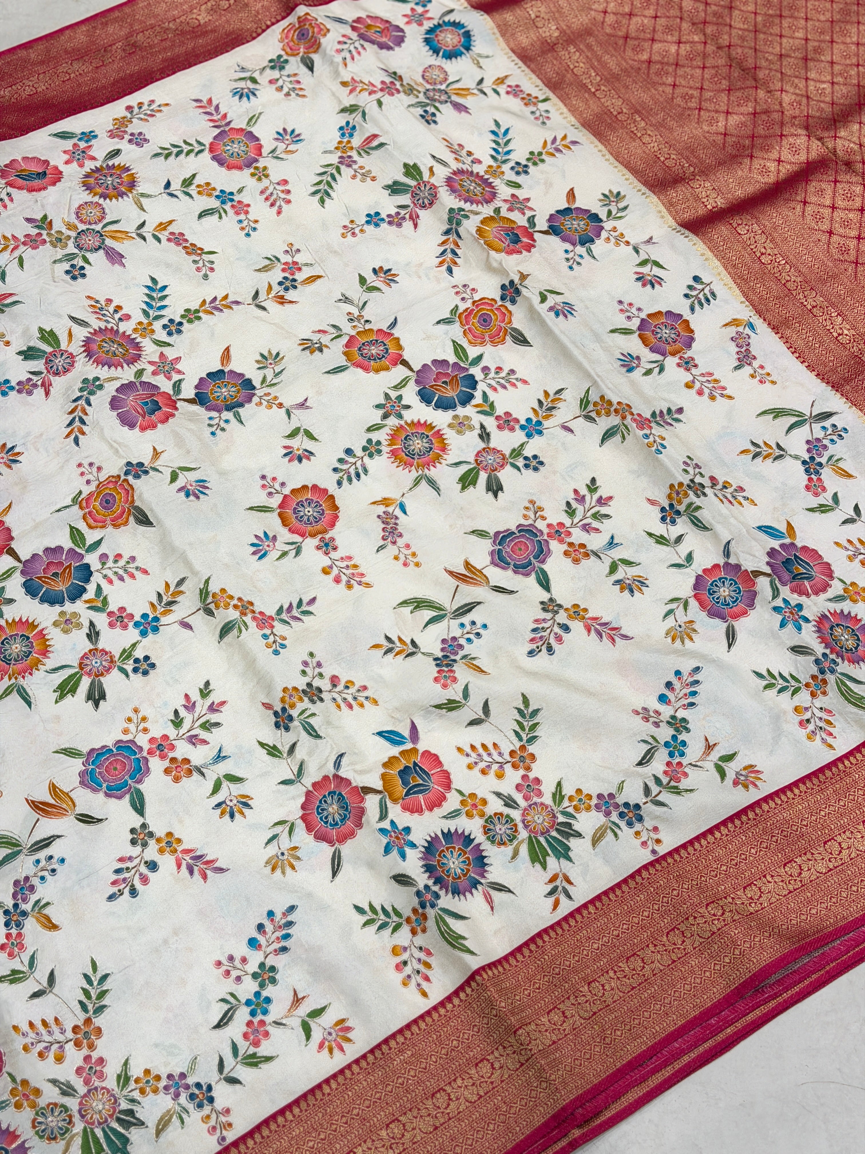 Moti White Banarasi Jaal Munga Silk Saree With Pita Embroidery