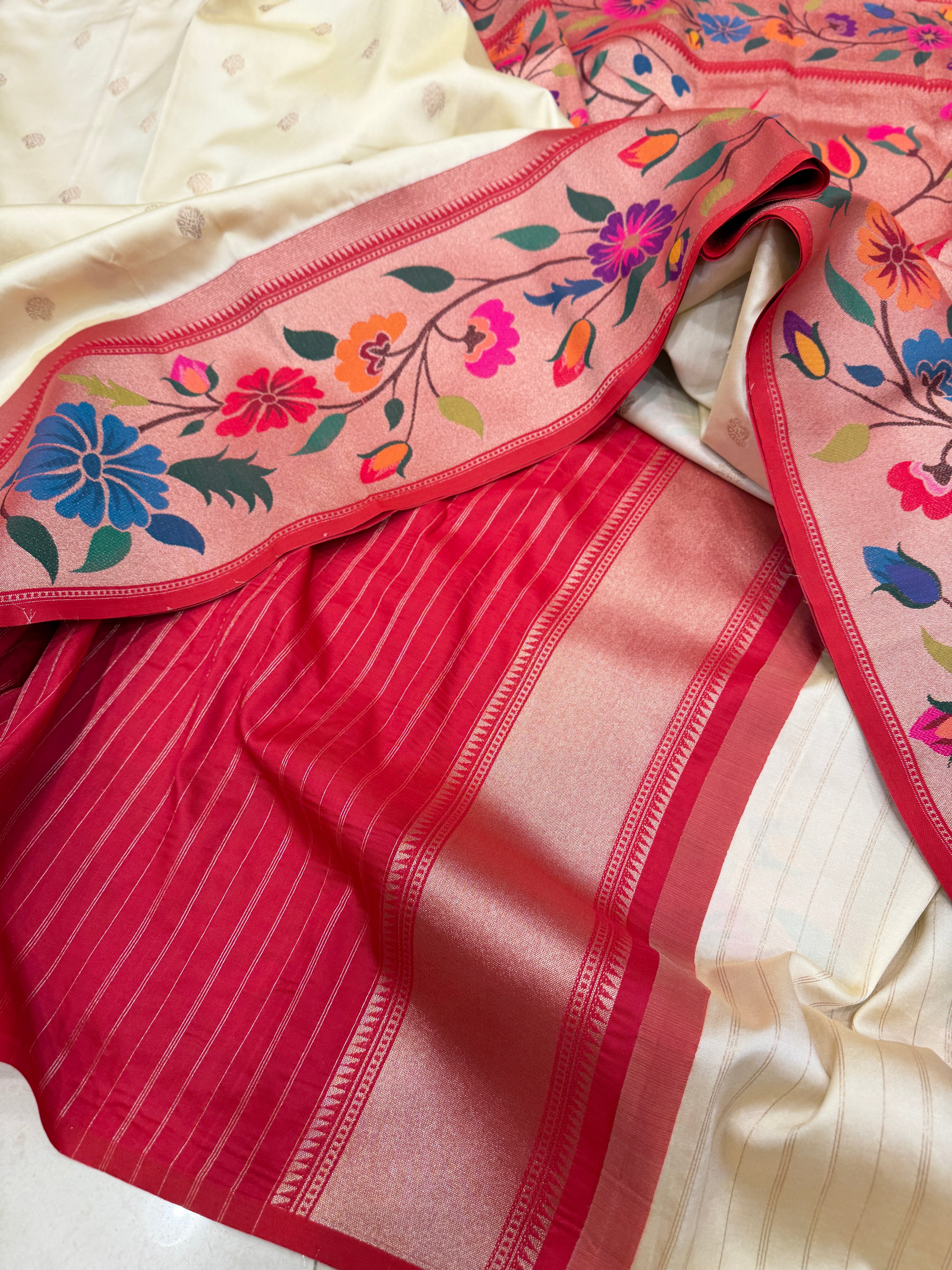 Moti White Floral Border Paithani Silk Saree