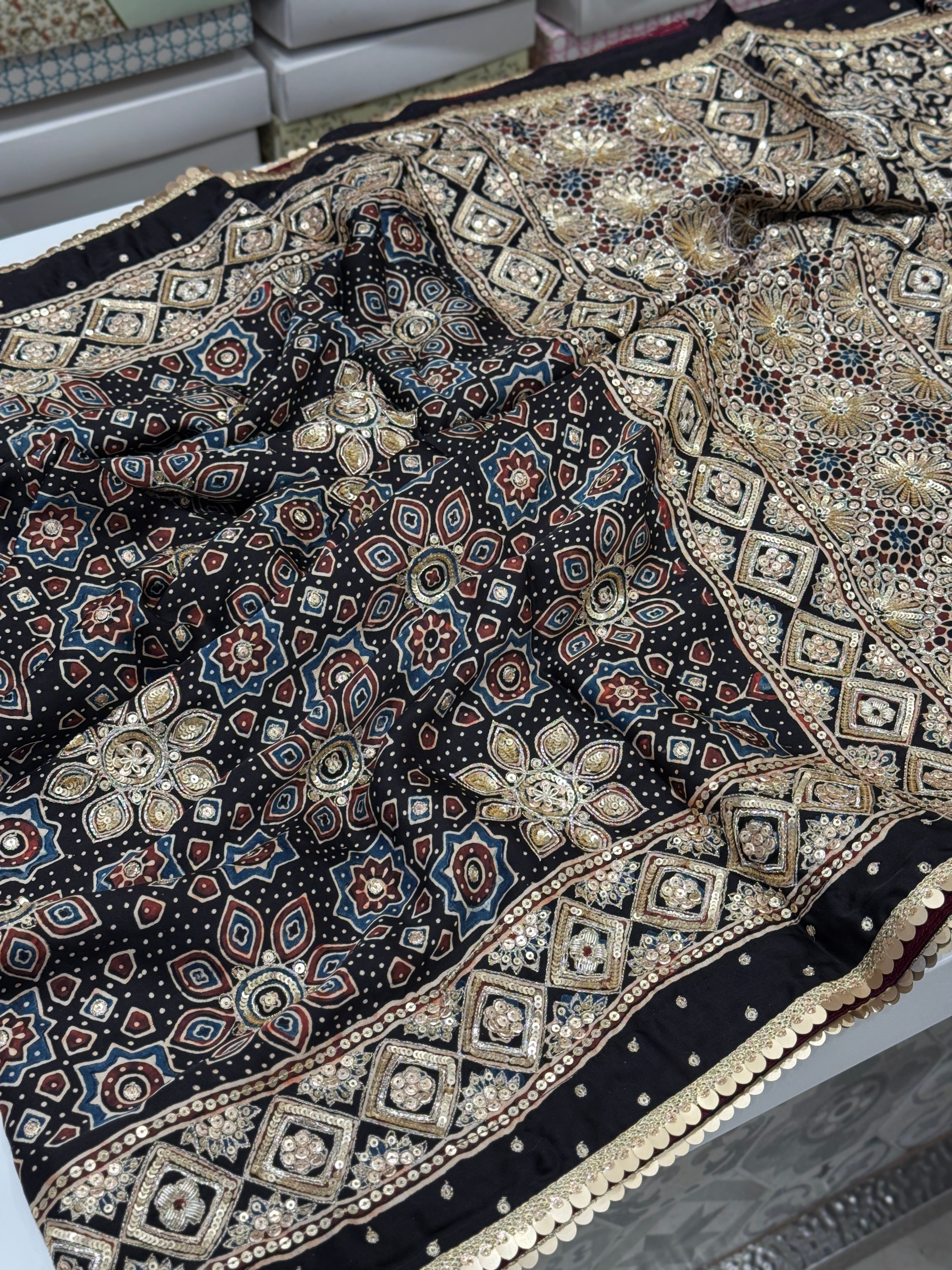 Ajrakh Hand Embroidery Zardosi and Pita Work