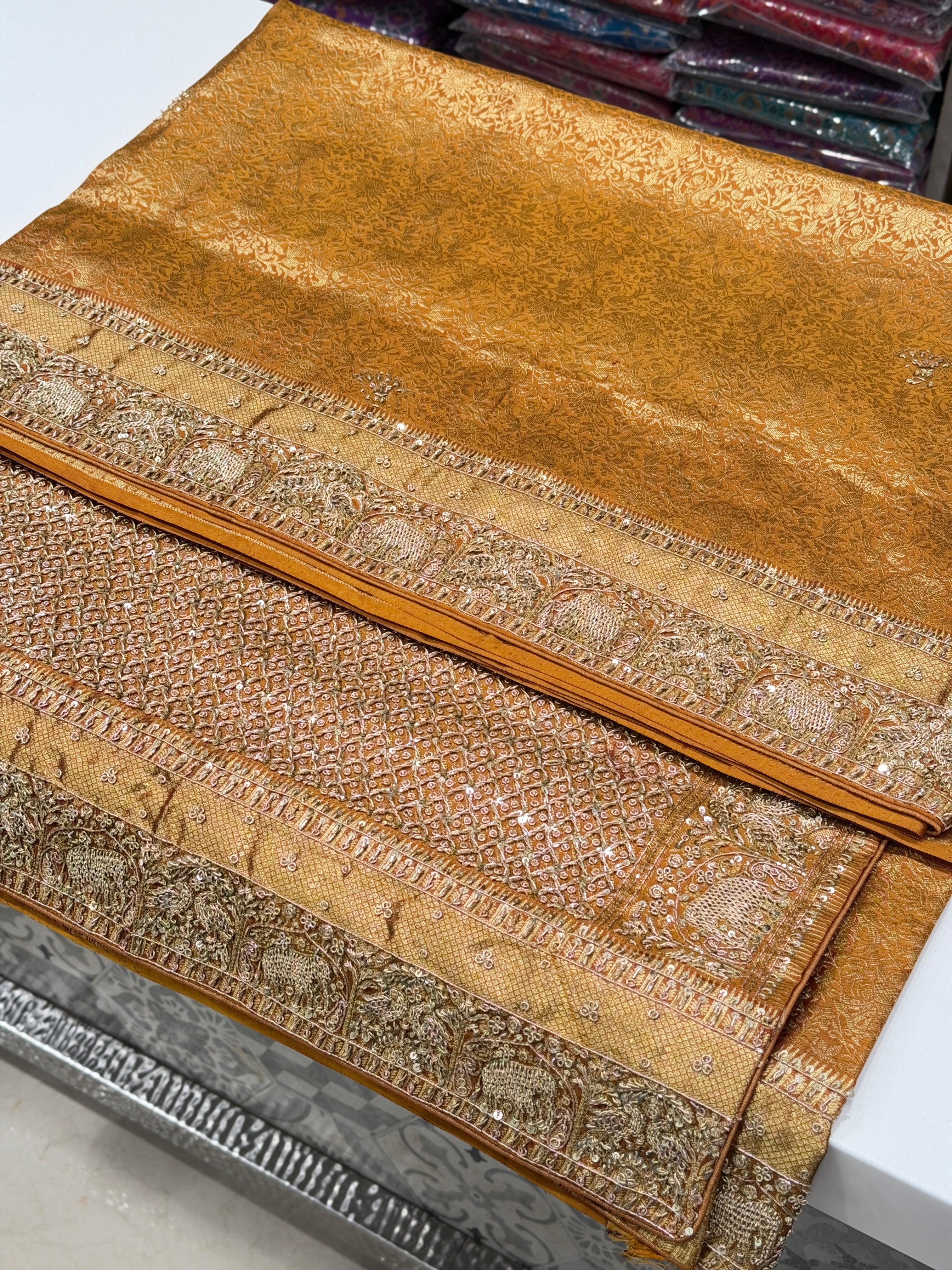 Mustard Yellow Kanjivaram Elephant Motif Hand Embroidery Zardosi Saree