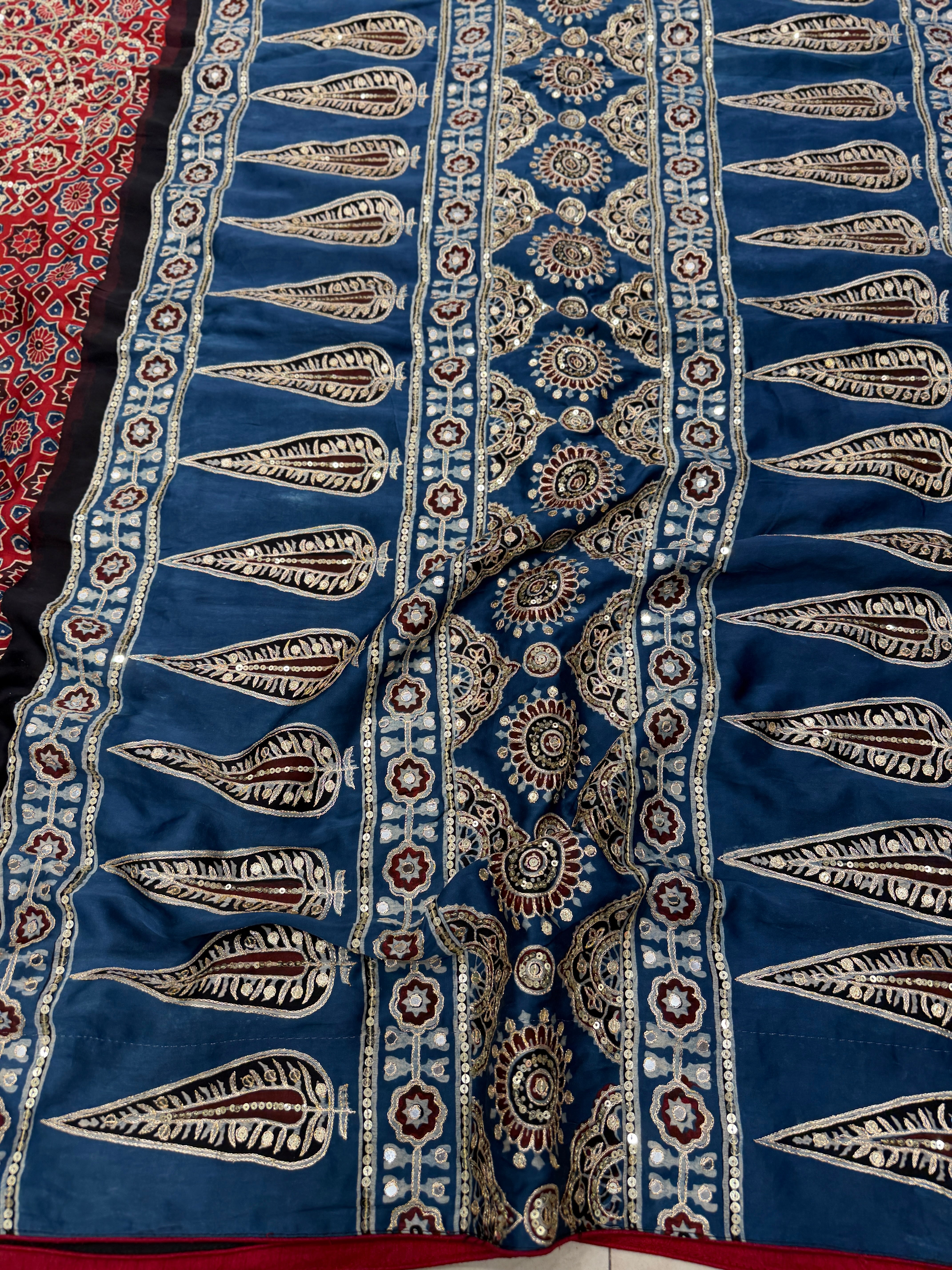 Alia Bhatt Inspired Ajrakh Modal Hand Embroidery Saree