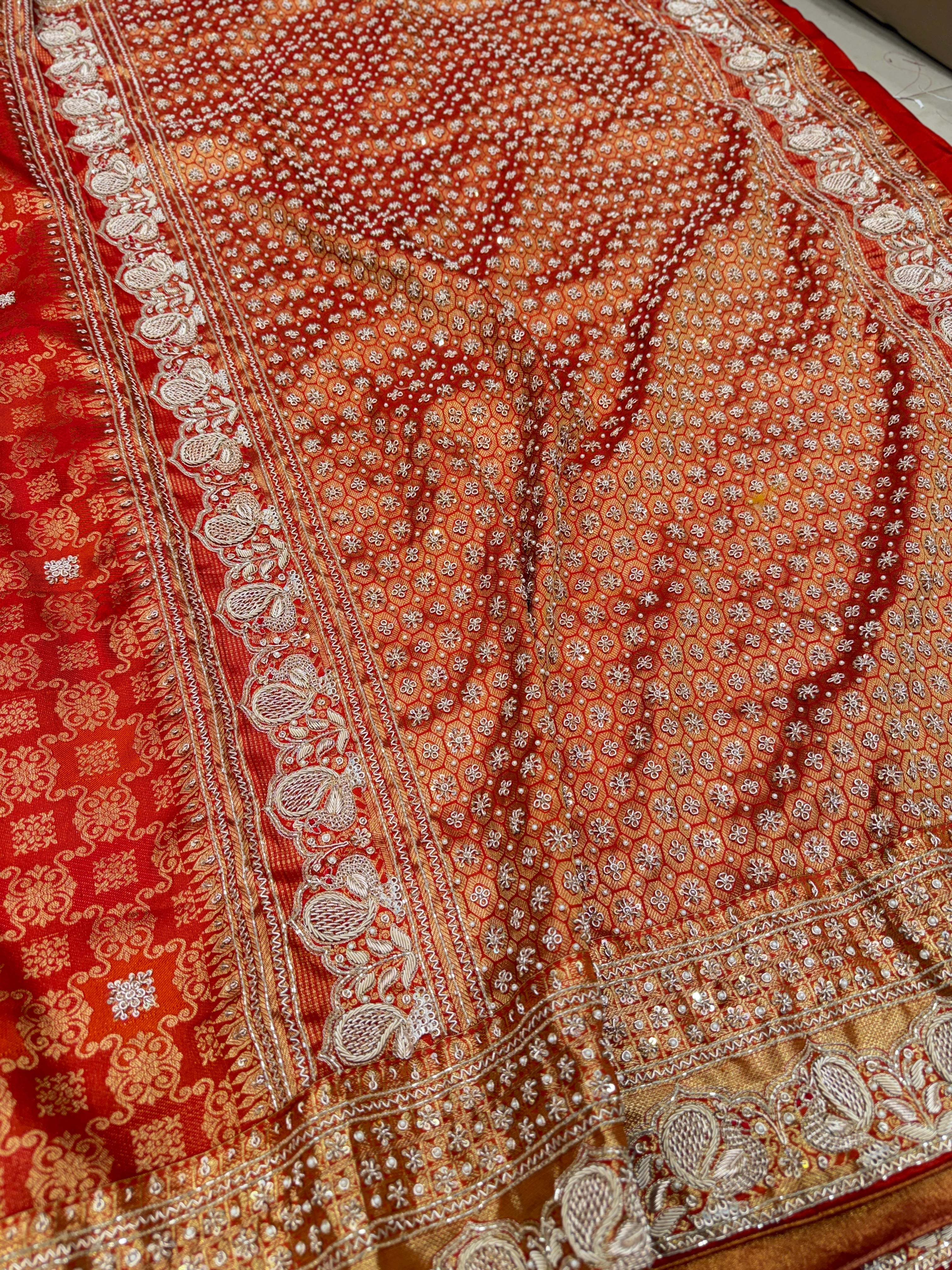 Rust Orange Kanjivaram Peacock Motif Hand Embroidery Zardosi Saree
