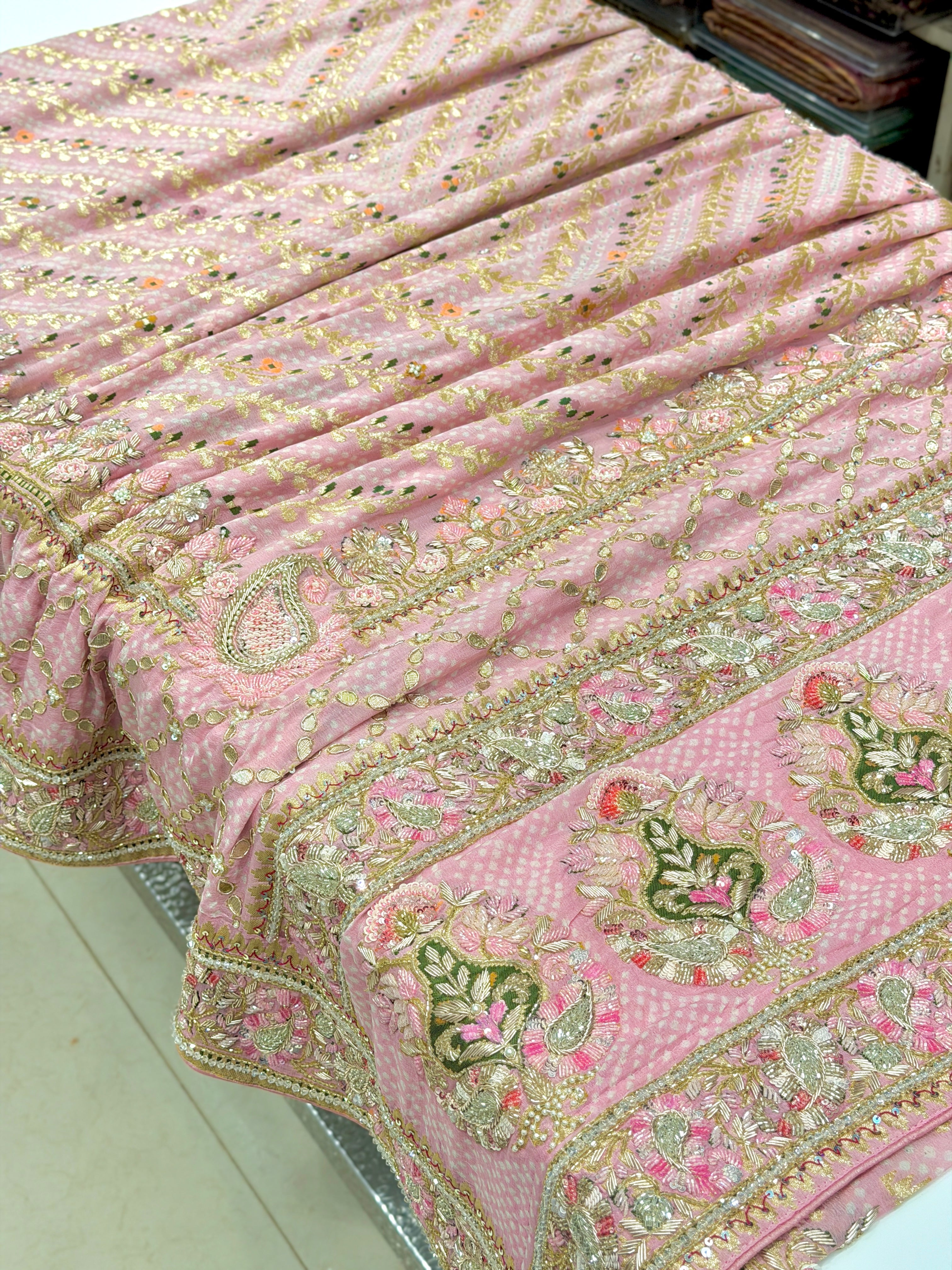 Pastel Pink Bandhej Meenakari Hand Embroidery Saree