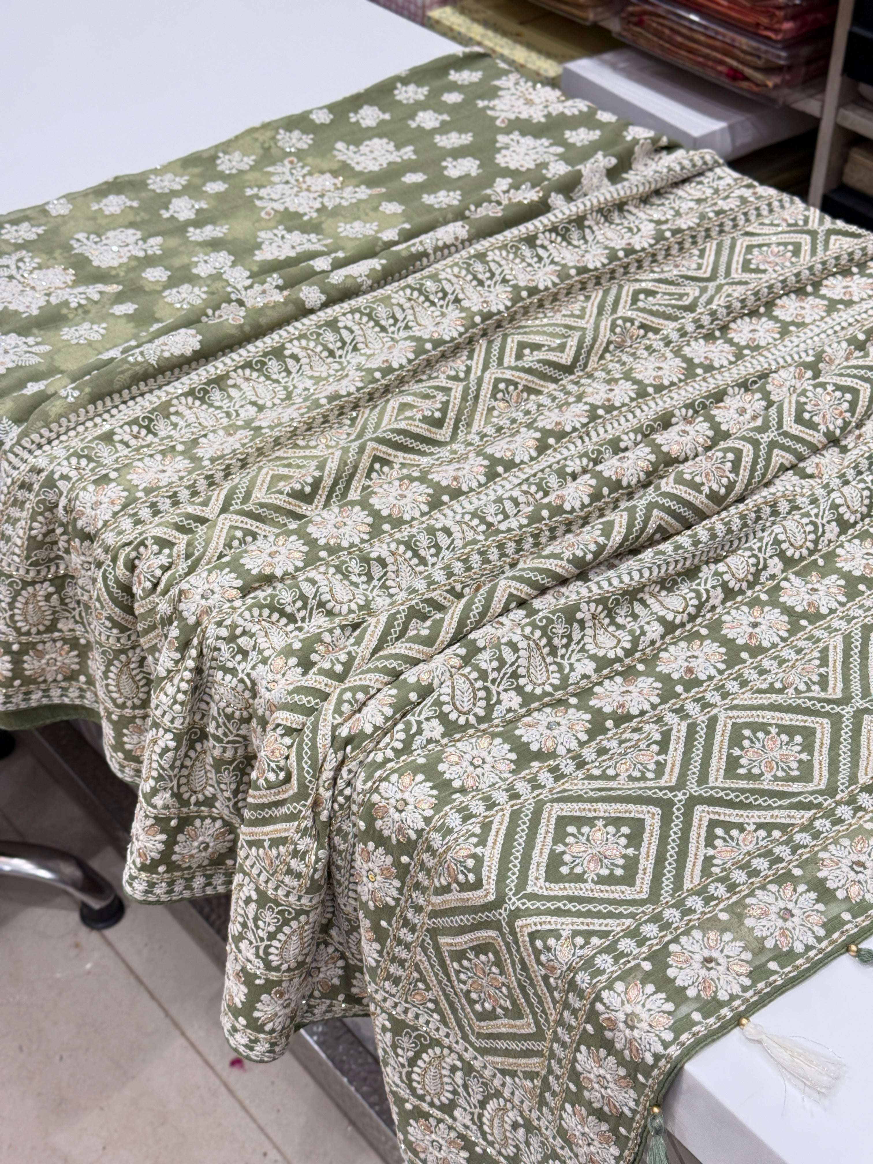 Green Butta Chikankari on Georgette with Cutdana Hand Embroidery