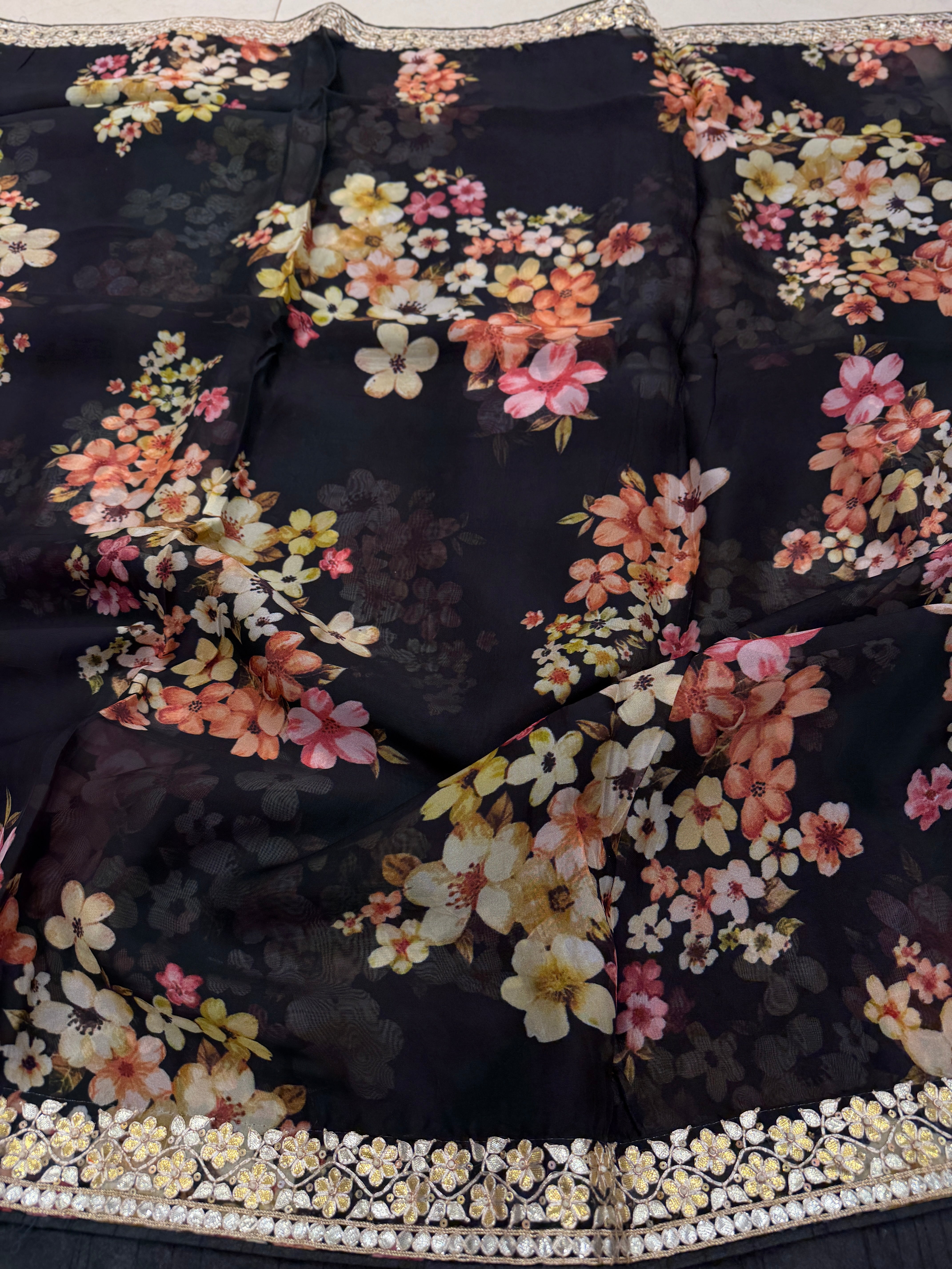 Black Soft Organza Printed Hand Embroidery Gotapatti Pita Embroidery Saree