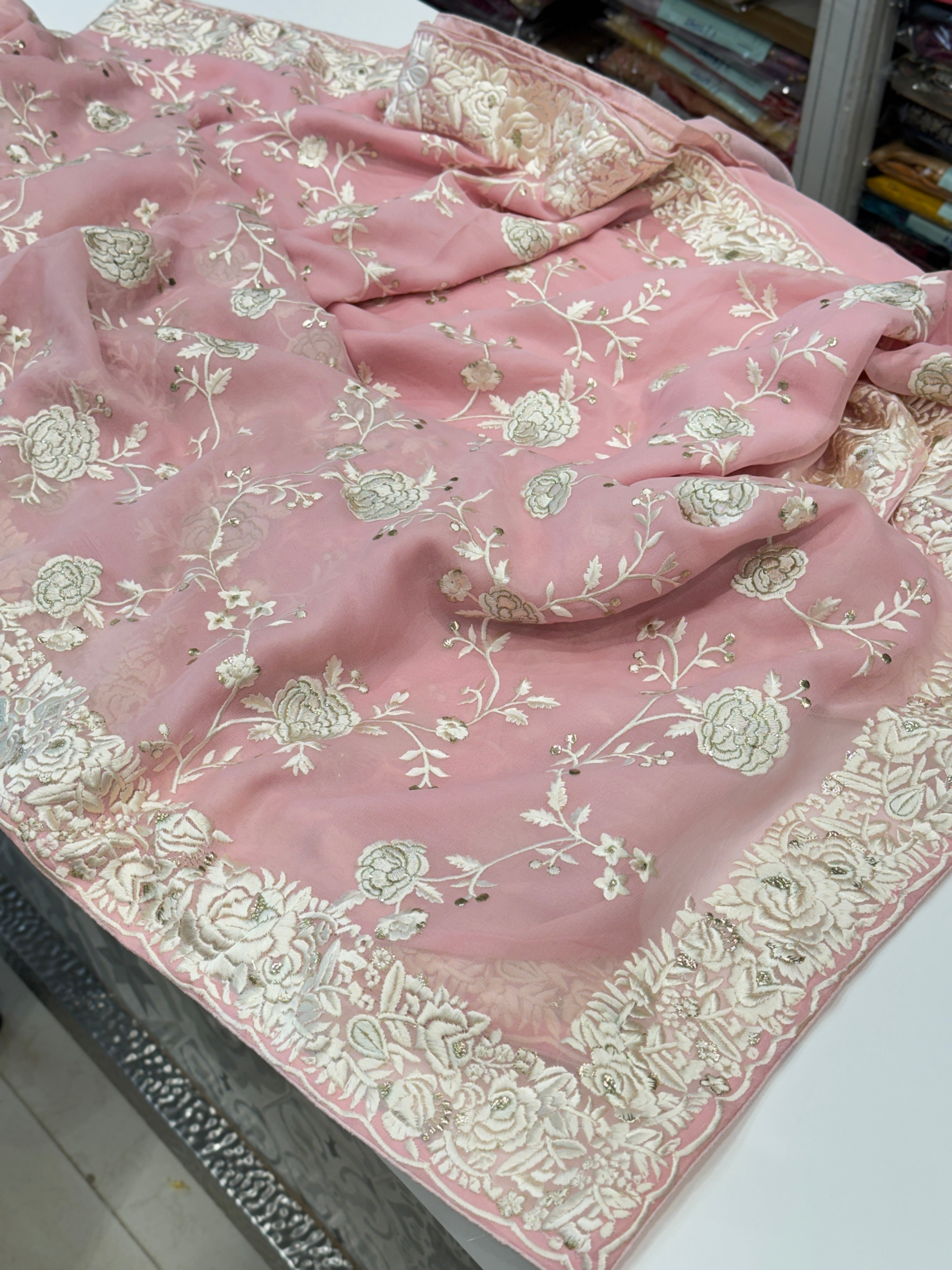 Pink Georgette Parsi Gara with Floral Embroidery