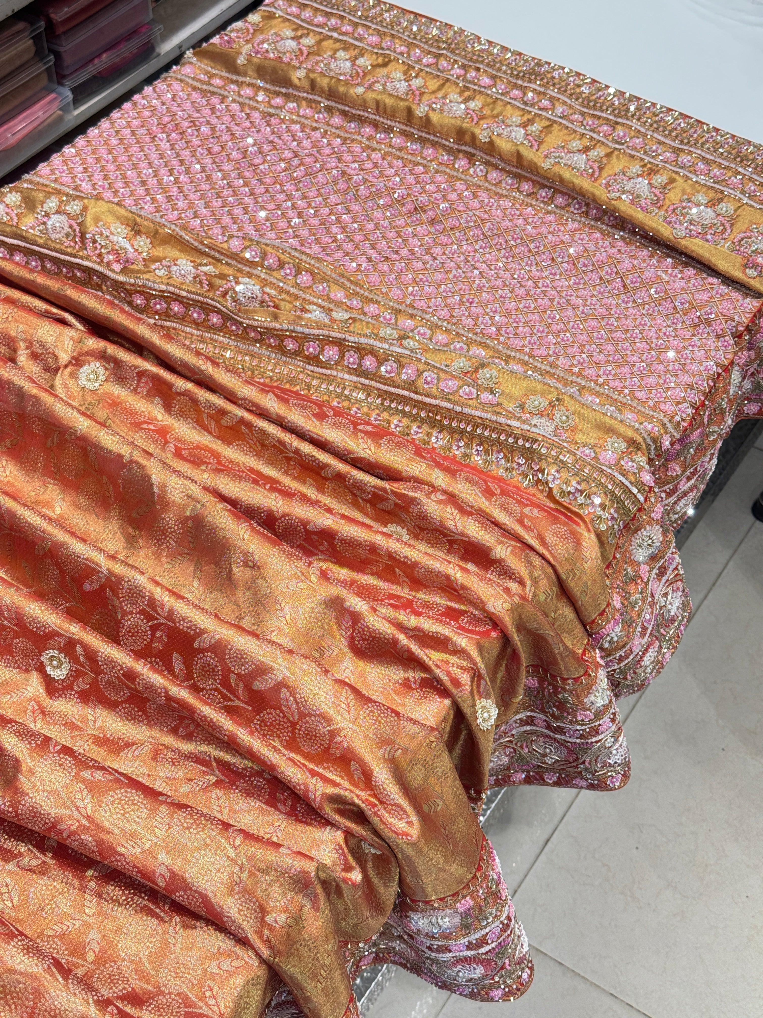 Red Golden Kanjivaram Moti Zardosi Hand Embroidery Saree