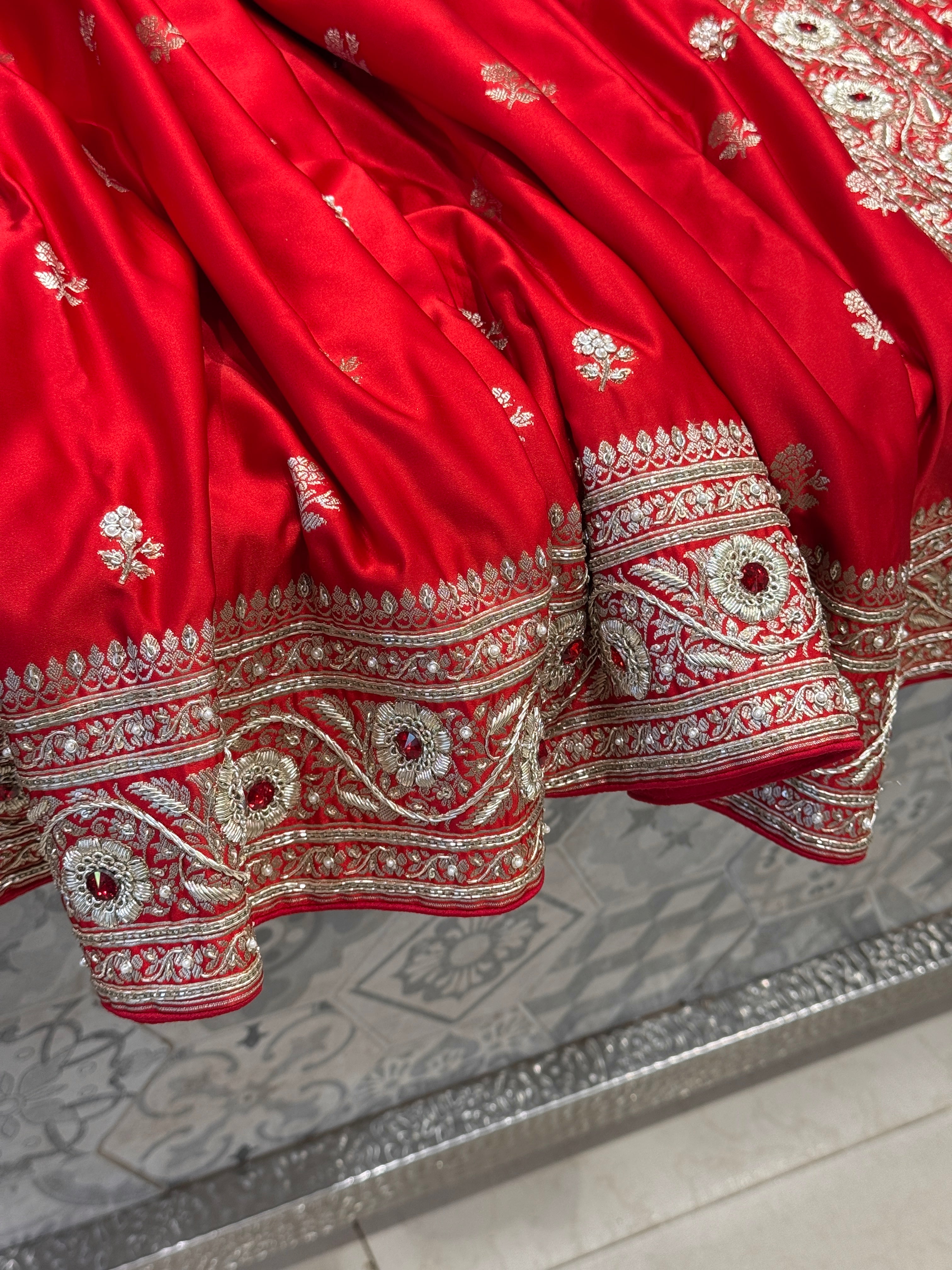Red Banarasi Silk Butti Crystal Zardozi Hand Embroidery Saree