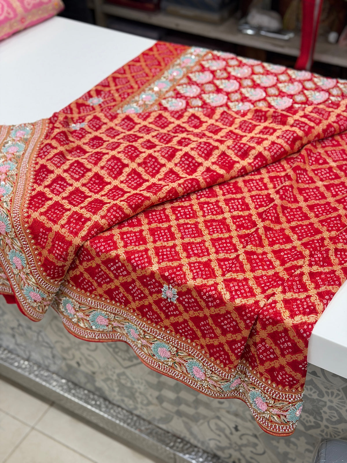 Red Bandhej Moti Zardosi Hand Embroidery Saree