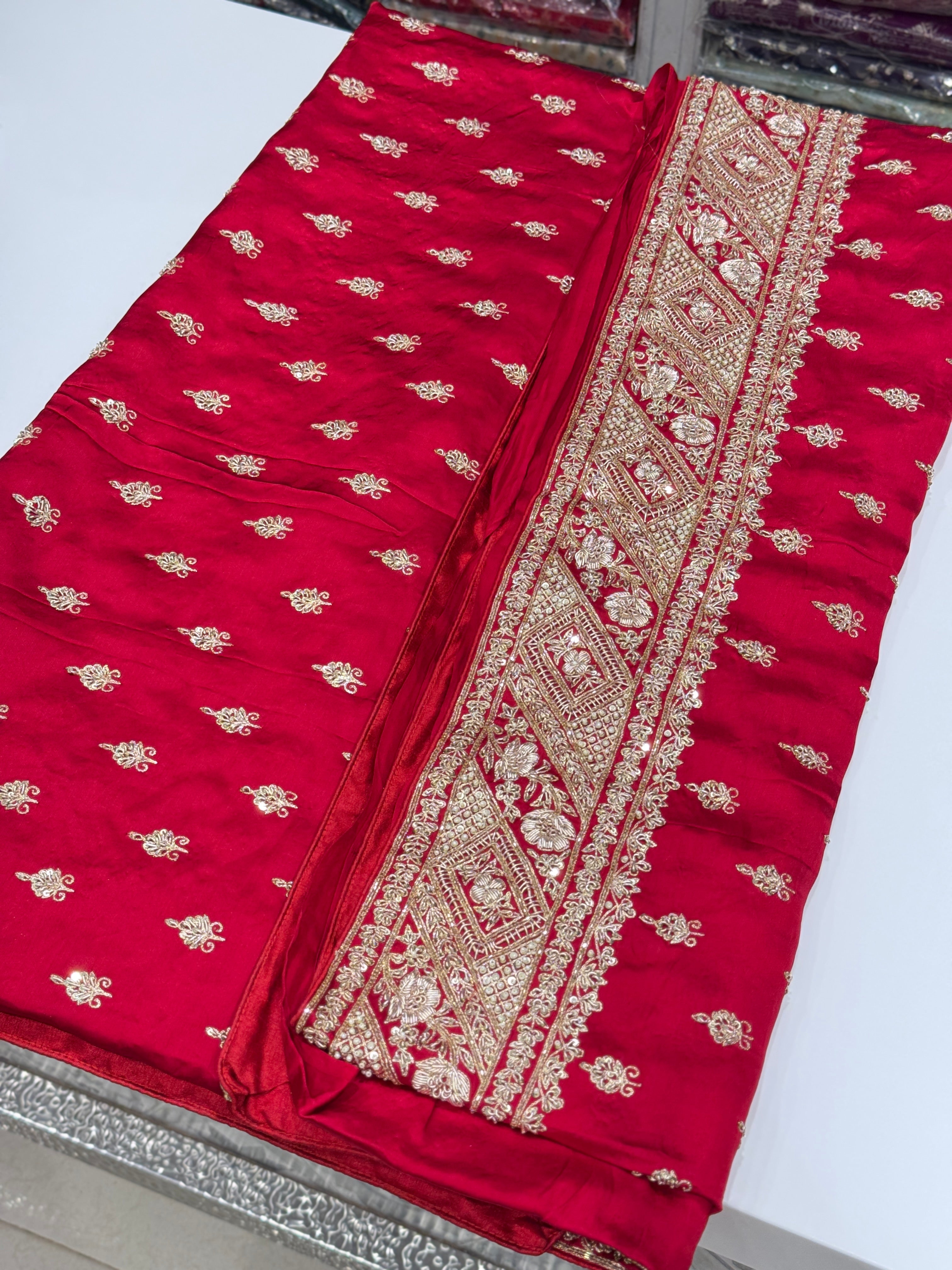 Red Hand Embroidery Buttis Pure Satin Zardosi Embroidery