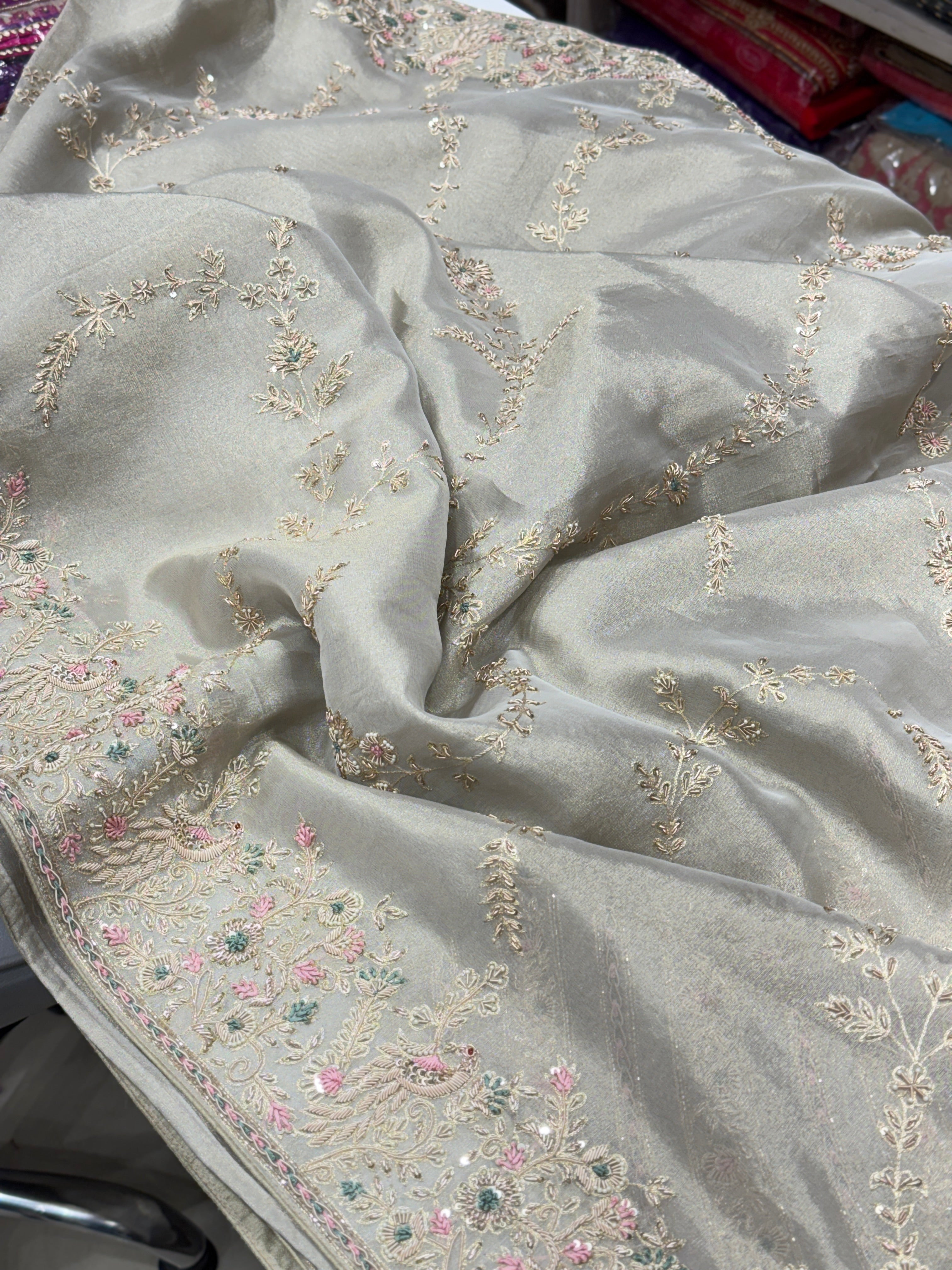 Silver Tissue Saree Zardosi Jaal Hand Embroidery Contrast Blouse