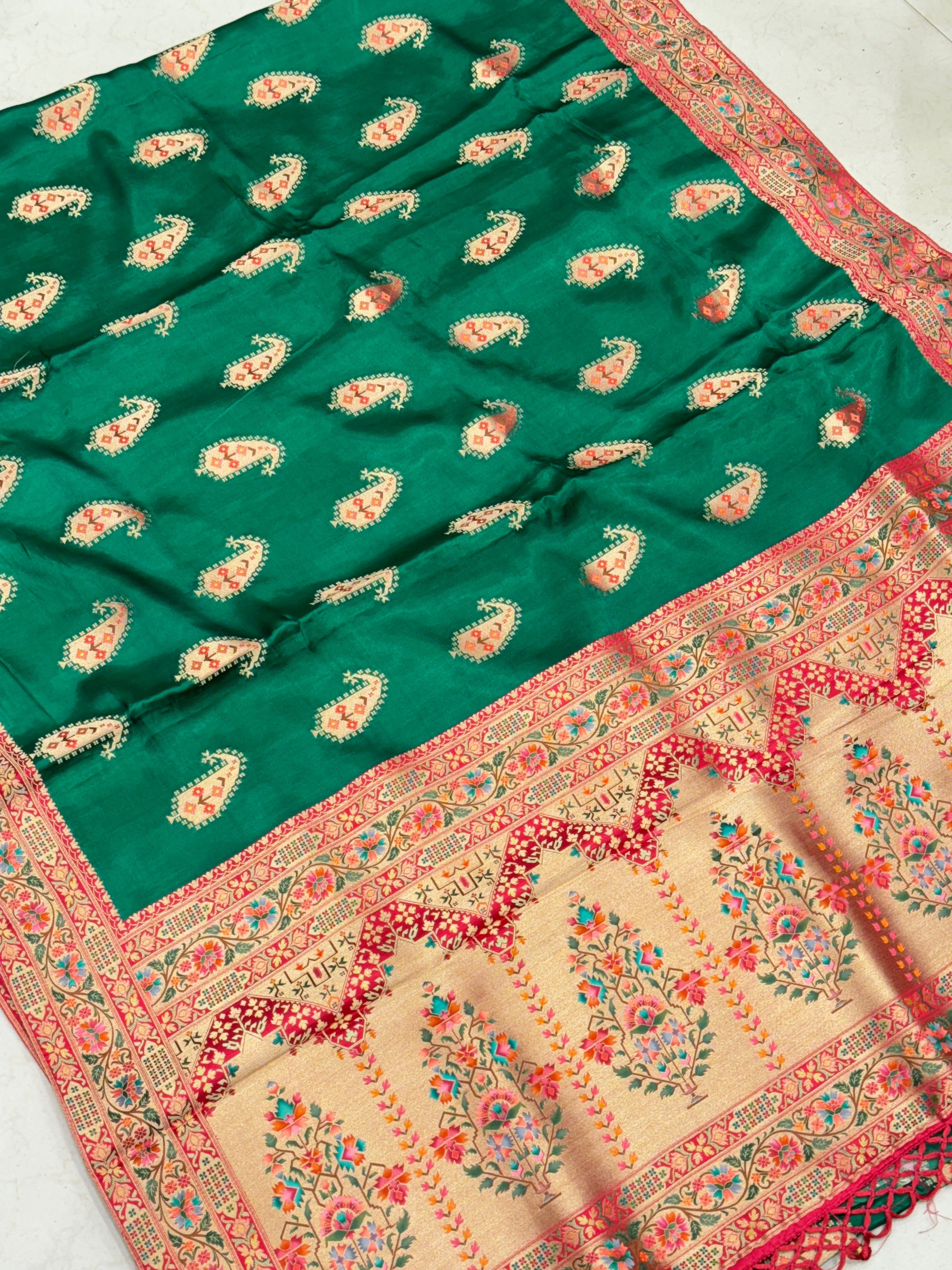 Bottle Green Banarasi Keri Butta Modal Satin Saree