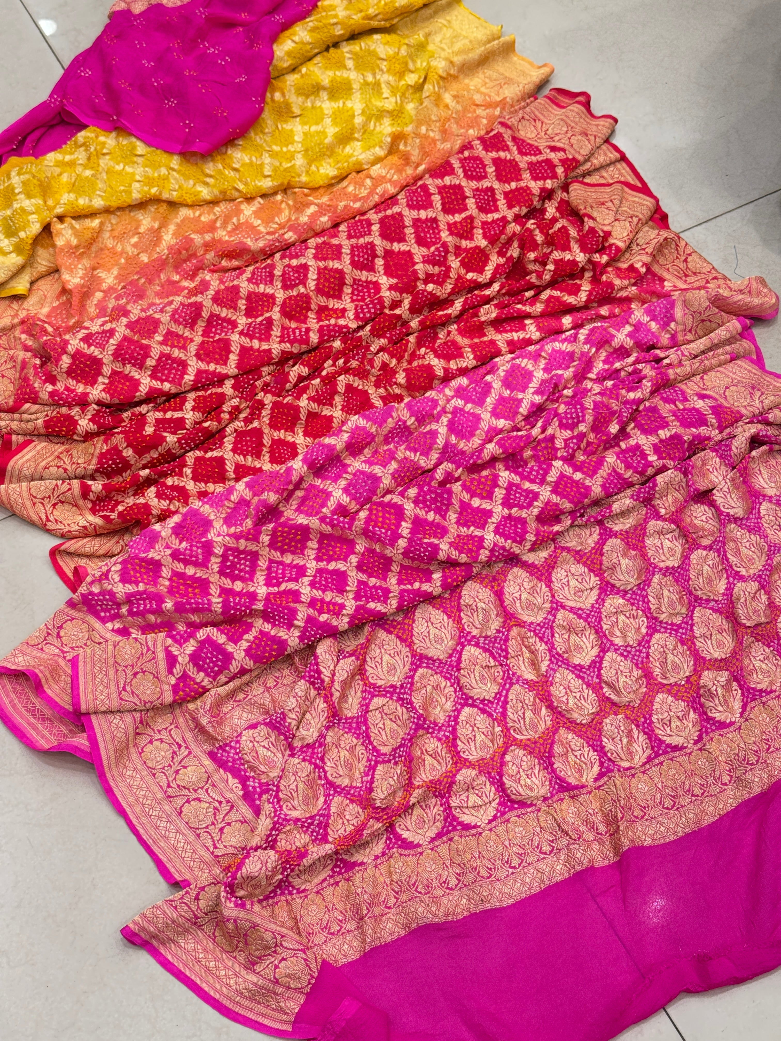 Shaded 6 colour Bandhej Bandhini Saree