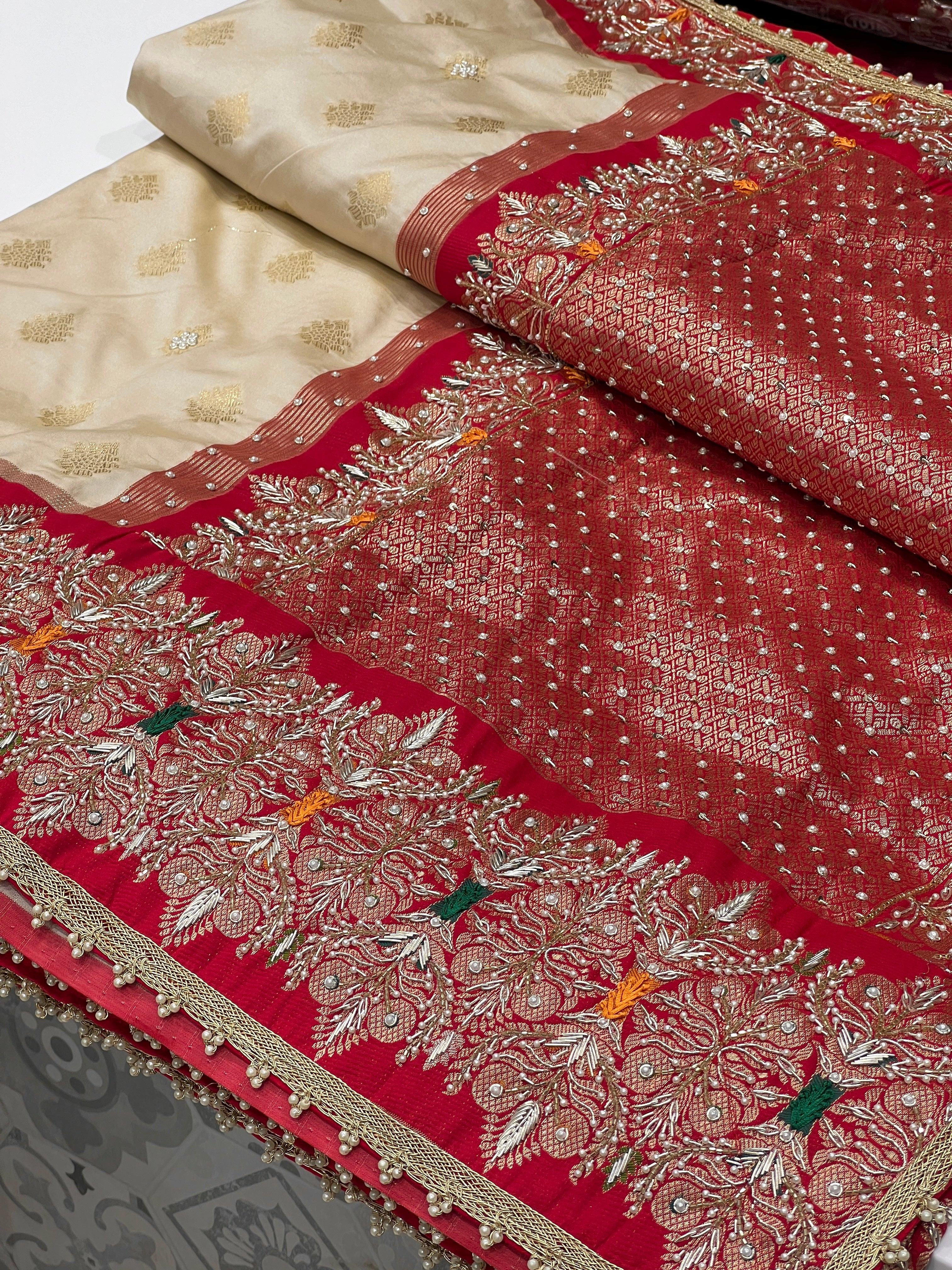 Beige Red Banarasi Zardosi Resham Embroidery Saree