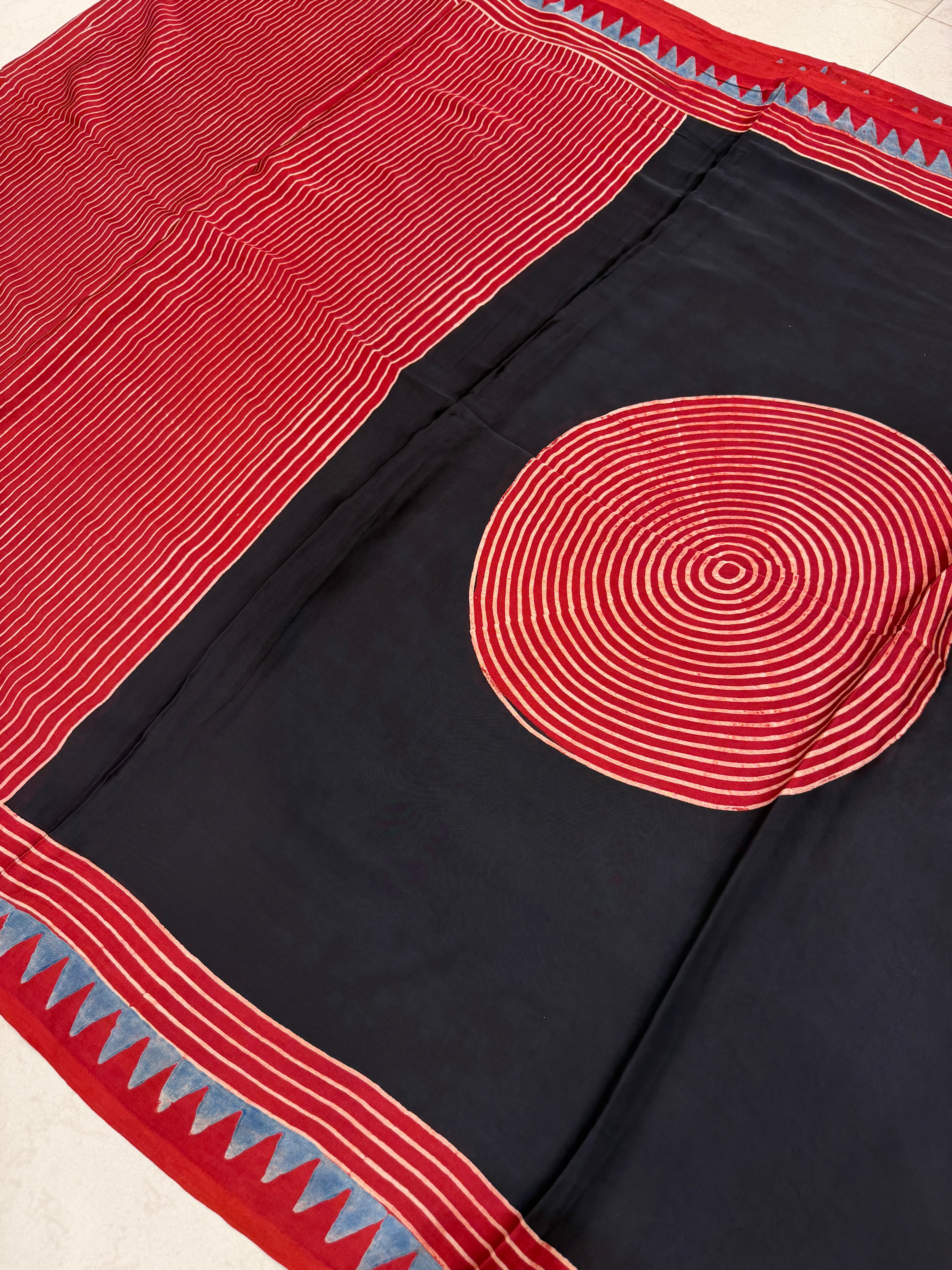 Red Contemporary Spiral Pallu Ajrakh Block Print Hand Pure Gajji Silk Saree