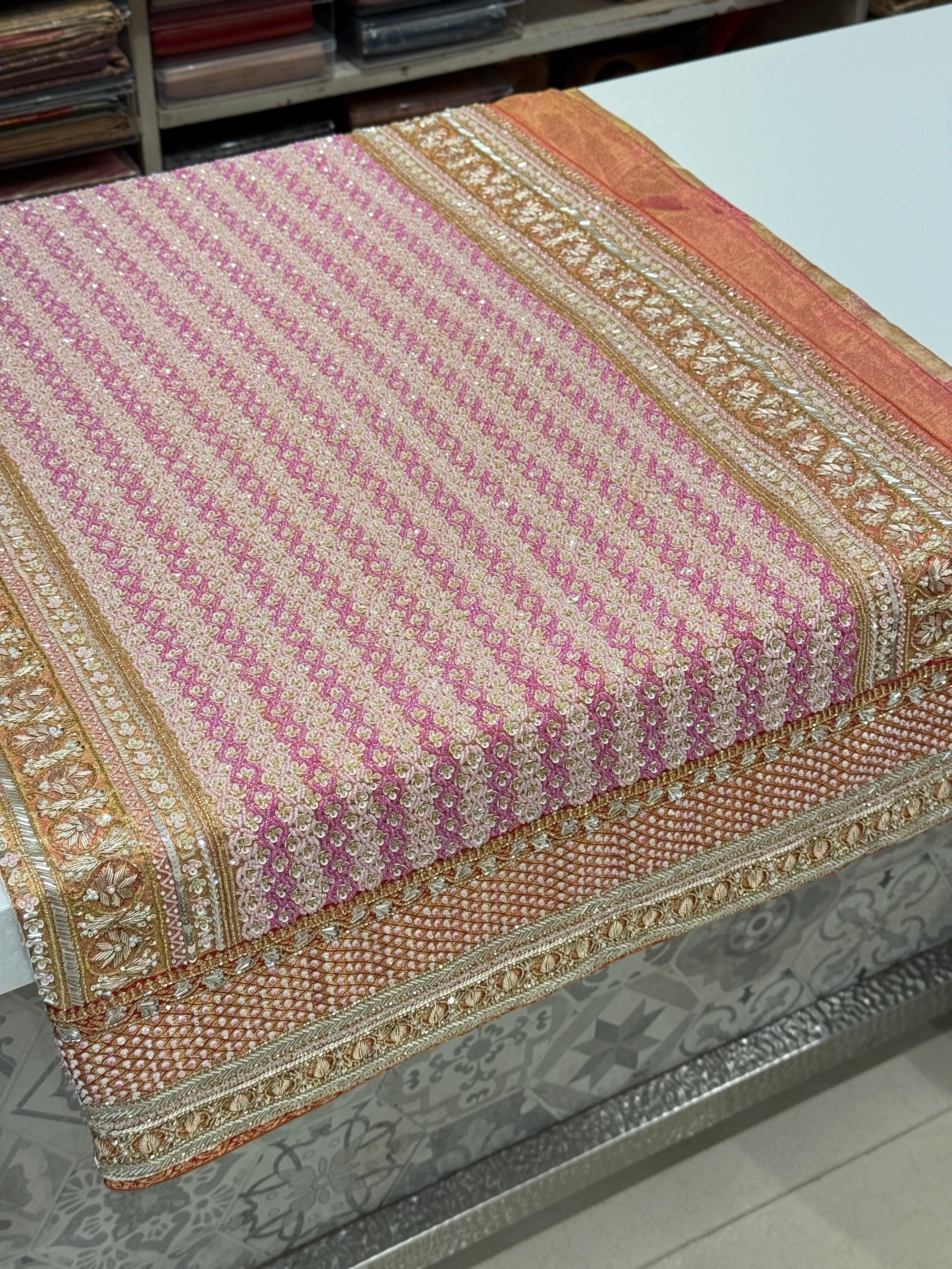 Rani Pink Rose Edit Tissue Kanjivaram Hand Embroidery Saree