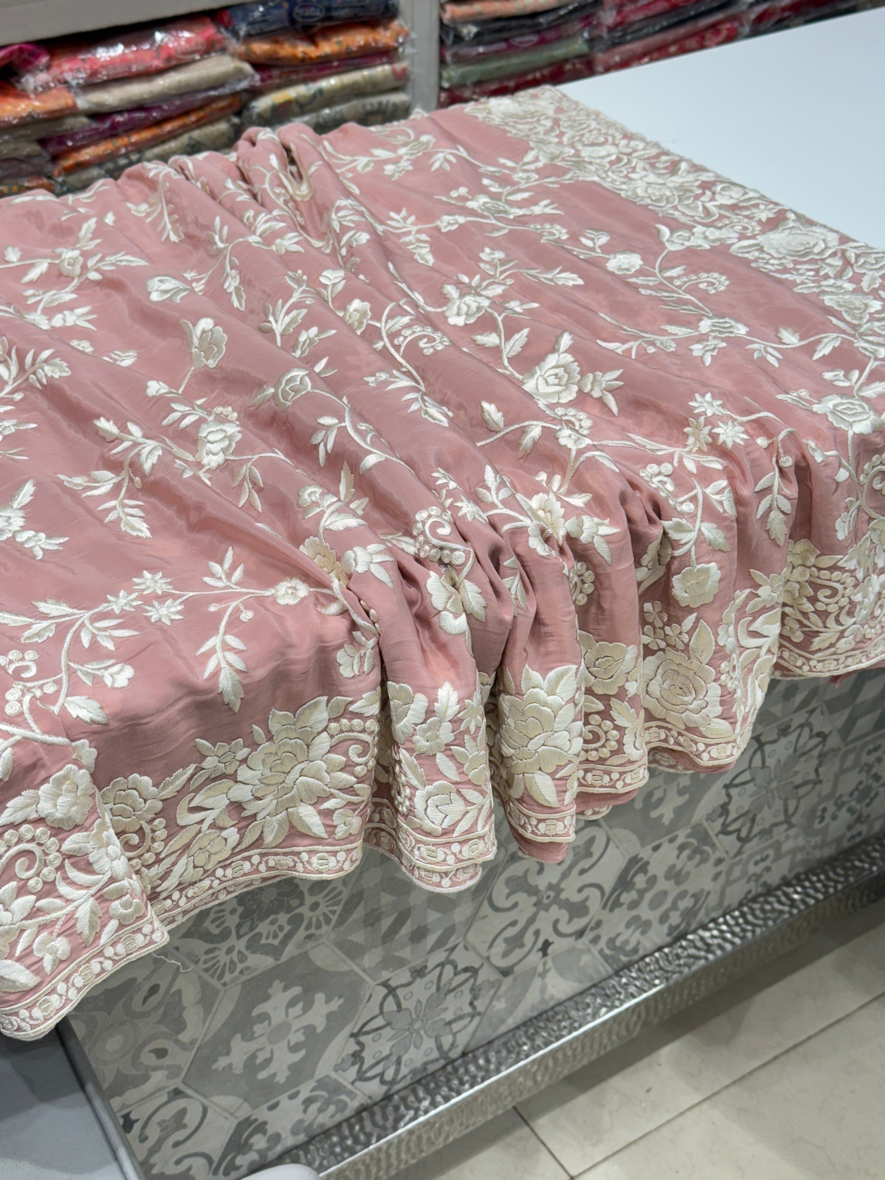 Pink Crepe Floral Parsi Gara Saree