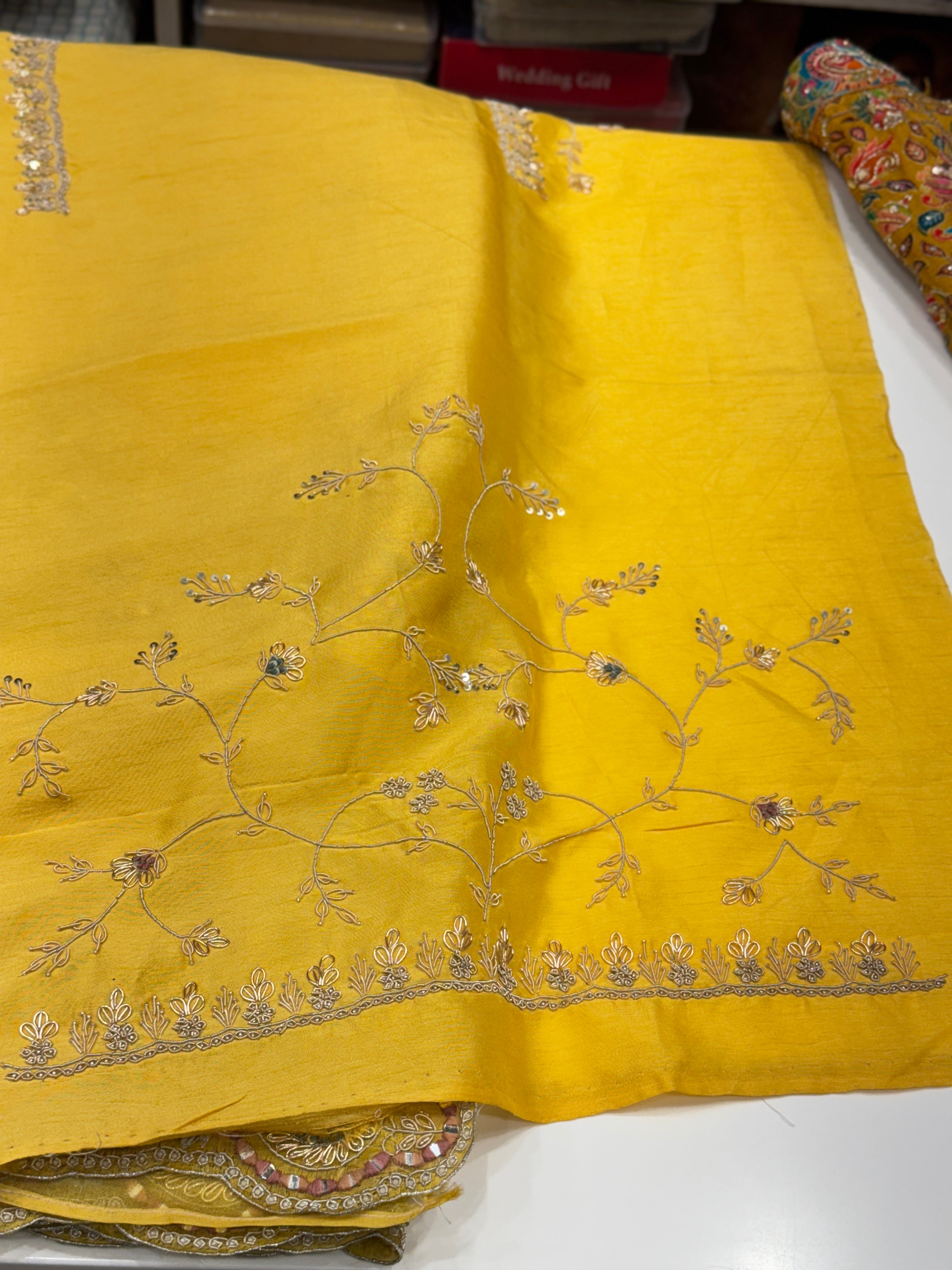 Yellow Organza Zardosi Resham Embroidery Saree